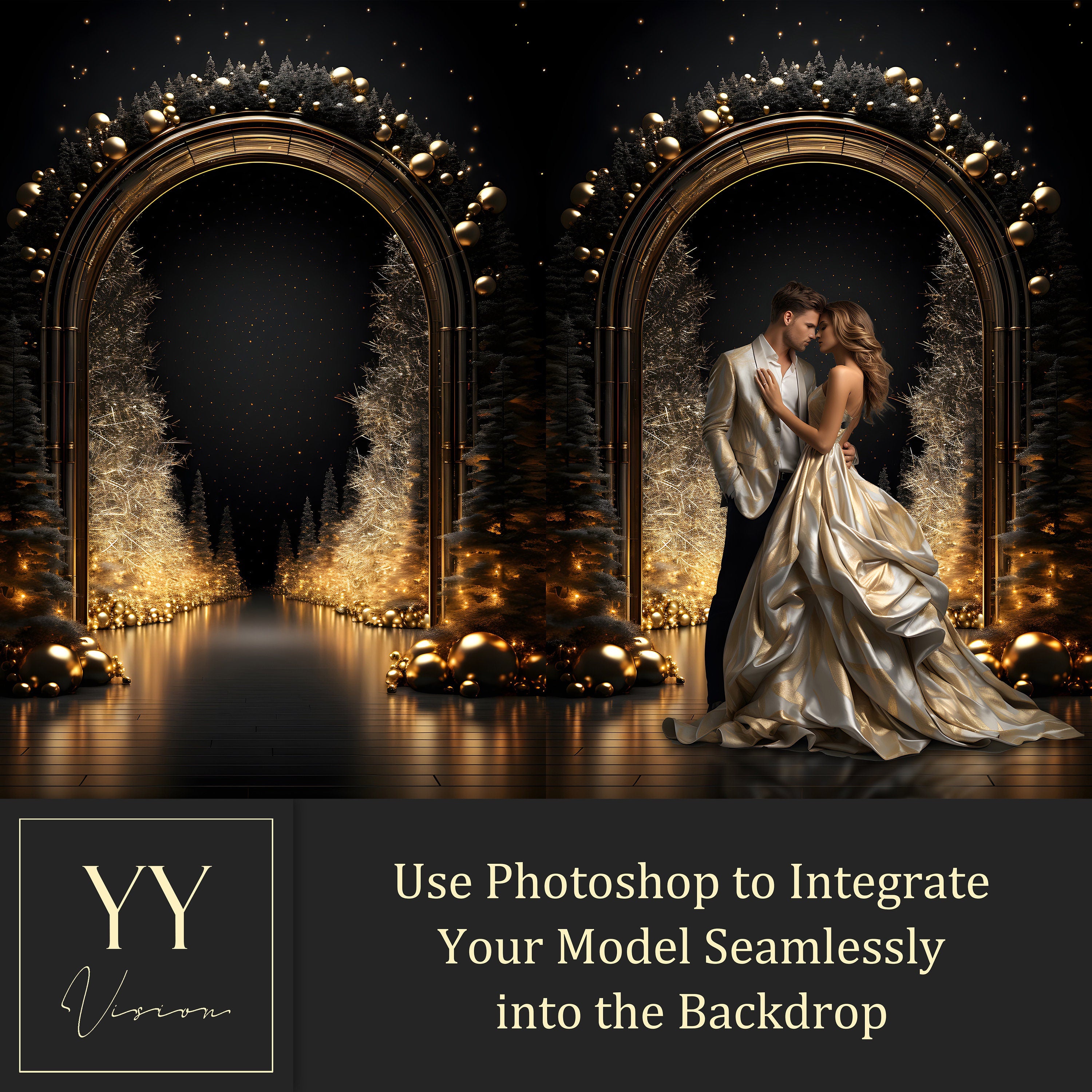 40 Golden Arch &amp; Weihnachtsbäume digitale Hintergründe Sets für Hochzeit Mutterschaft Valentinstag Fotografie Fine Arts Studio Hintergrund