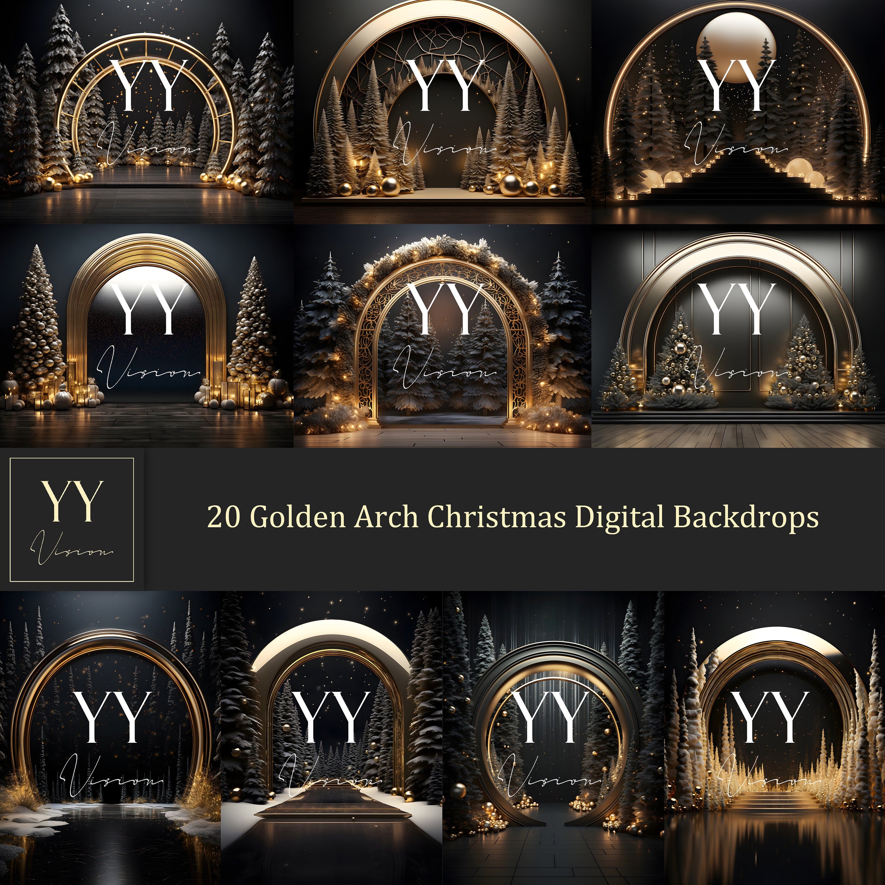 40 Golden Arch &amp; Weihnachtsbäume digitale Hintergründe Sets für Hochzeit Mutterschaft Valentinstag Fotografie Fine Arts Studio Hintergrund