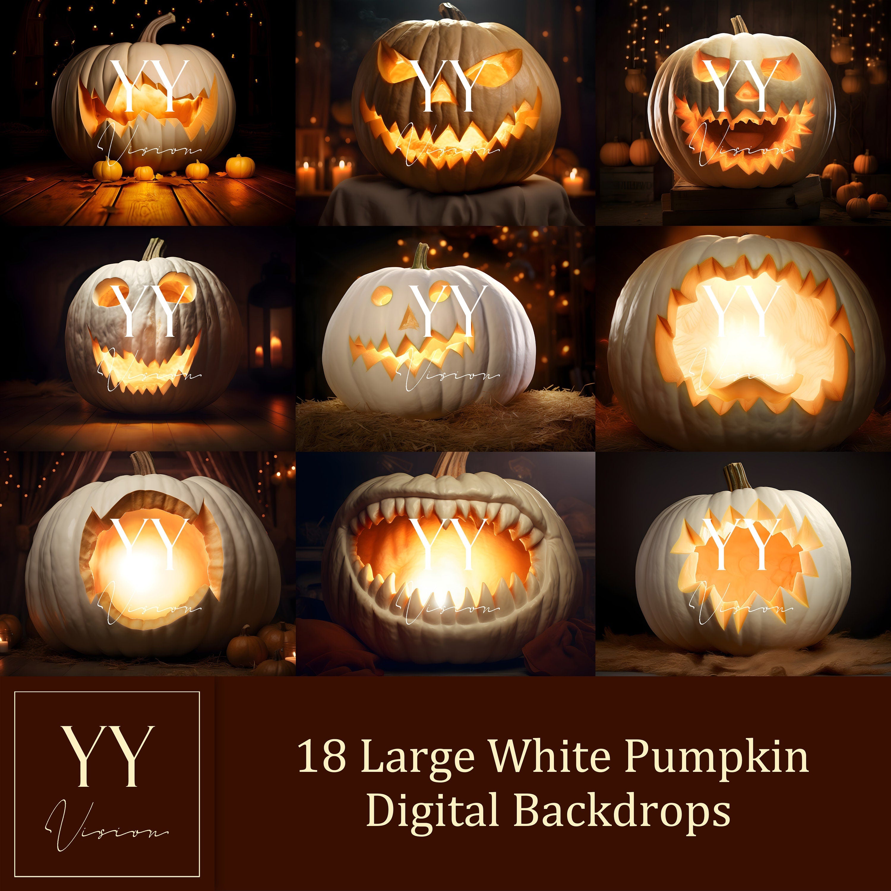 18 Halloween Large White Pumpkin Digital Backdrops Sets for Holiday Seasonal Photography Fine Arts Studio Photoshop Background