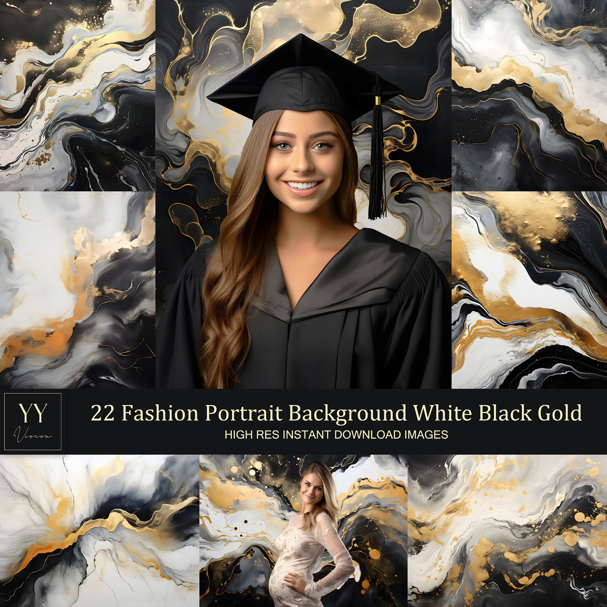 22 Fashion Portrait Hintergrund Weiß Schwarz Gold Digitale Hintergründe Sets für Schwangerschaft Abschluss Fotografie Fine Arts Textur Photoshop