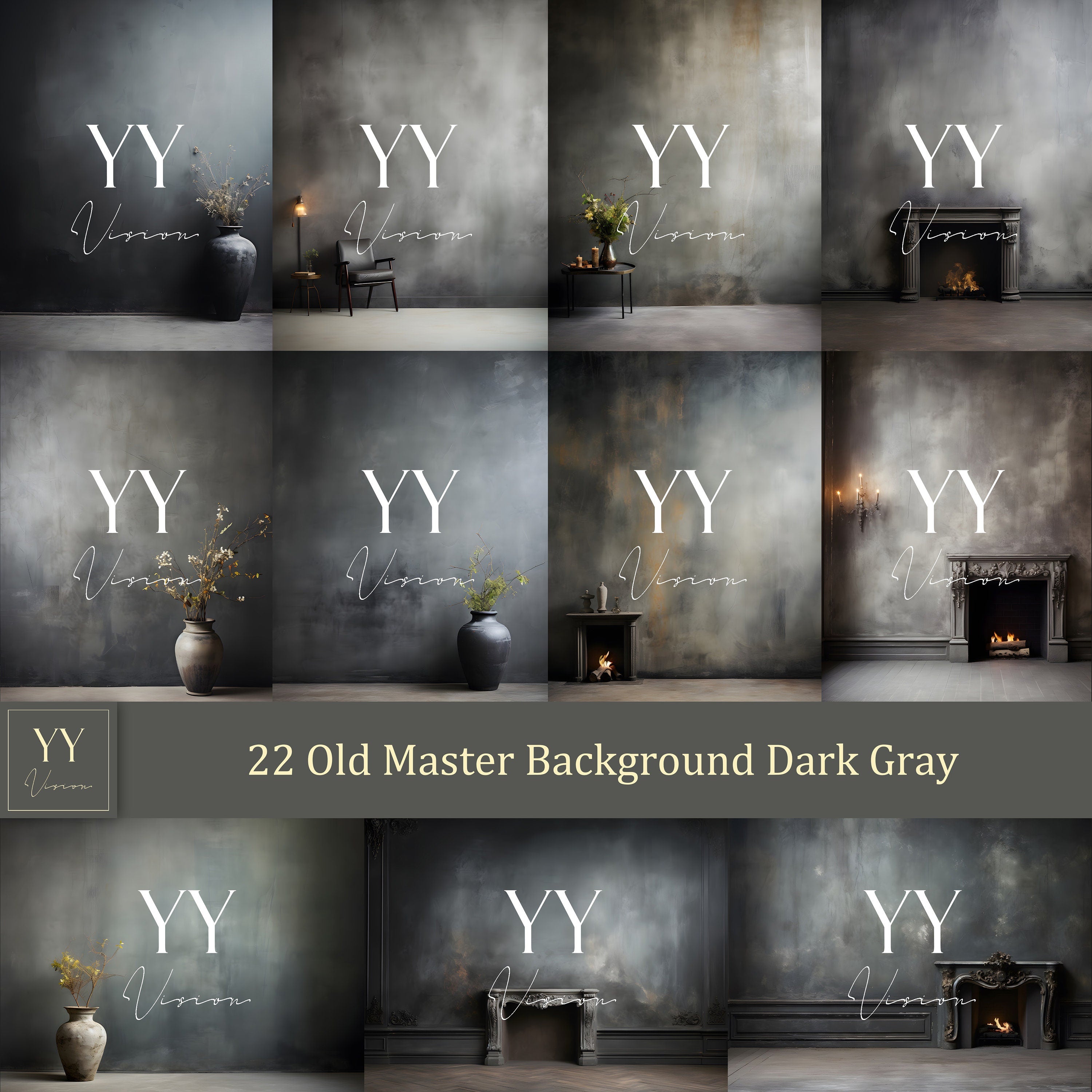 22 Old Master Studio Background Dark Gray Digital Backdrops Sets for Maternity Wedding Photography Fine Arts Texture Photoshop Background