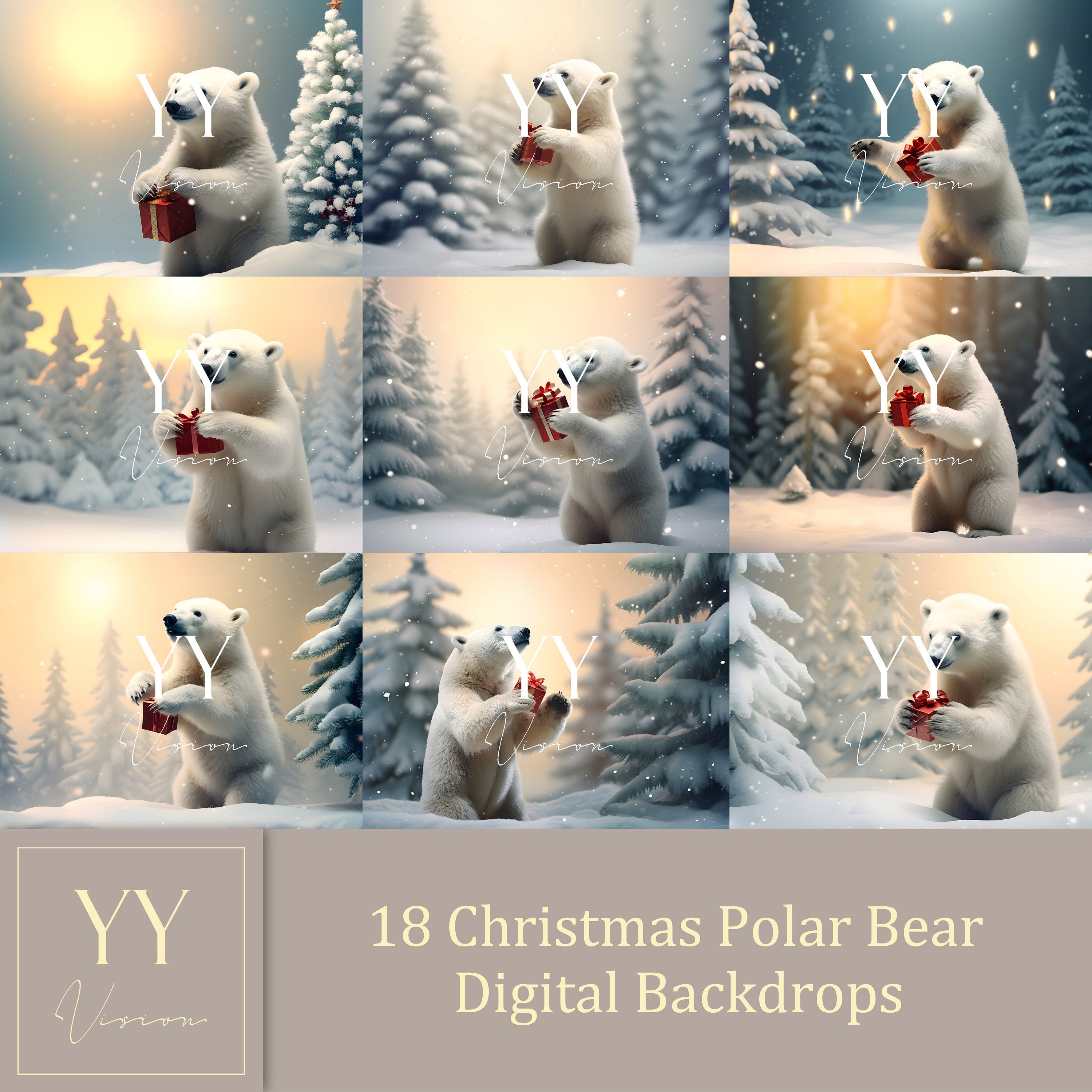 18 Polar Bear Christmas Tree Digital Backdrops Sets for Family Christmas gift Photography Fine Arts Studio Photoshop Background