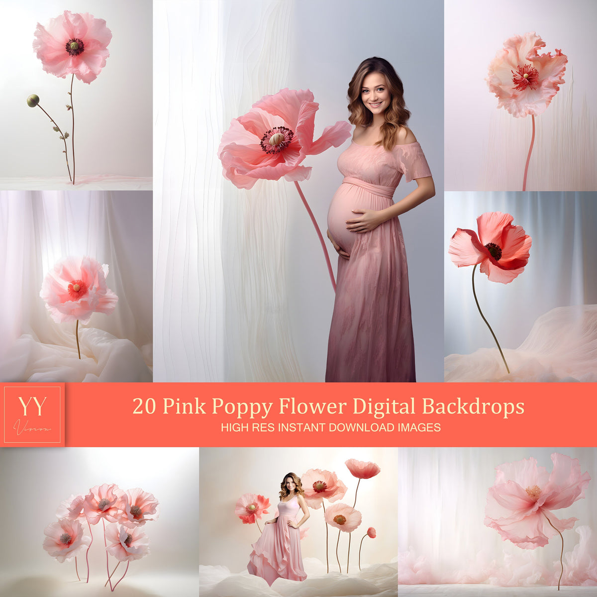 20 Pink Poppy Flower in Studio Digital Backdrops Sets for Floral Wedding Maternity Photography Fine Arts Studio Photoshop Background