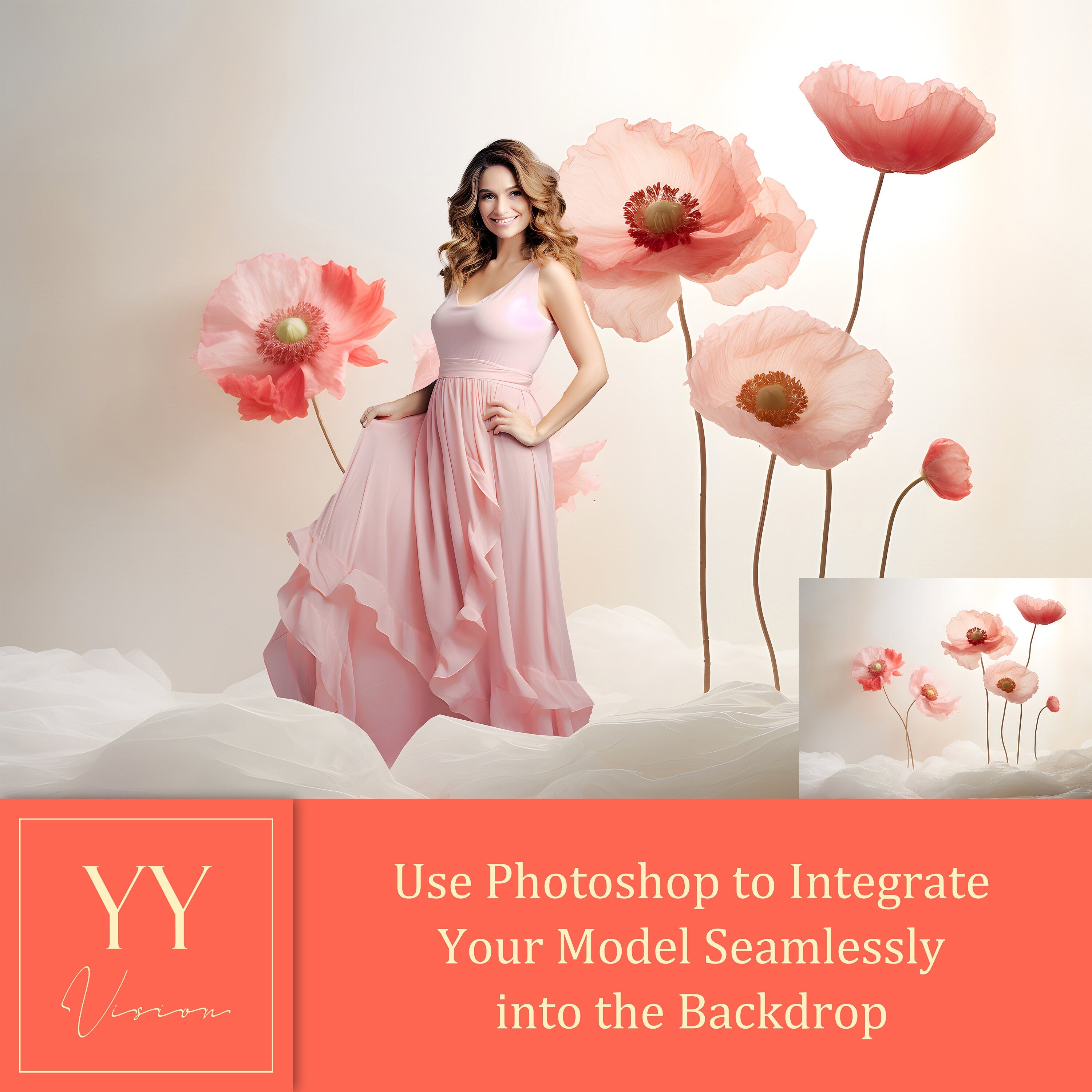 20 Pink Poppy Flower in Studio Digital Backdrops Sets for Floral Wedding Maternity Photography Fine Arts Studio Photoshop Background