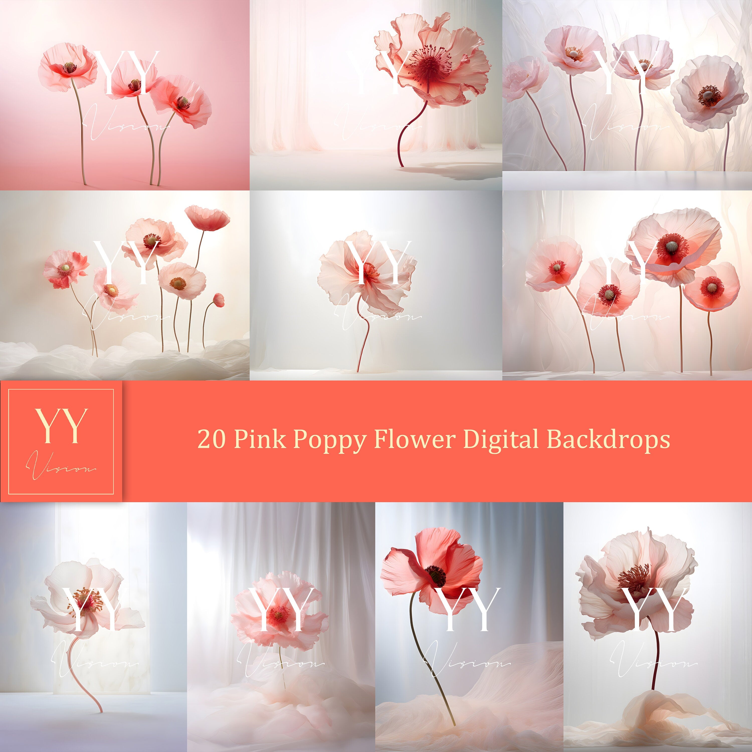 20 ensembles de décors numériques de fleurs de pavot roses en studio pour la photographie florale de mariage de maternité Beaux-Arts Studio Photoshop Background