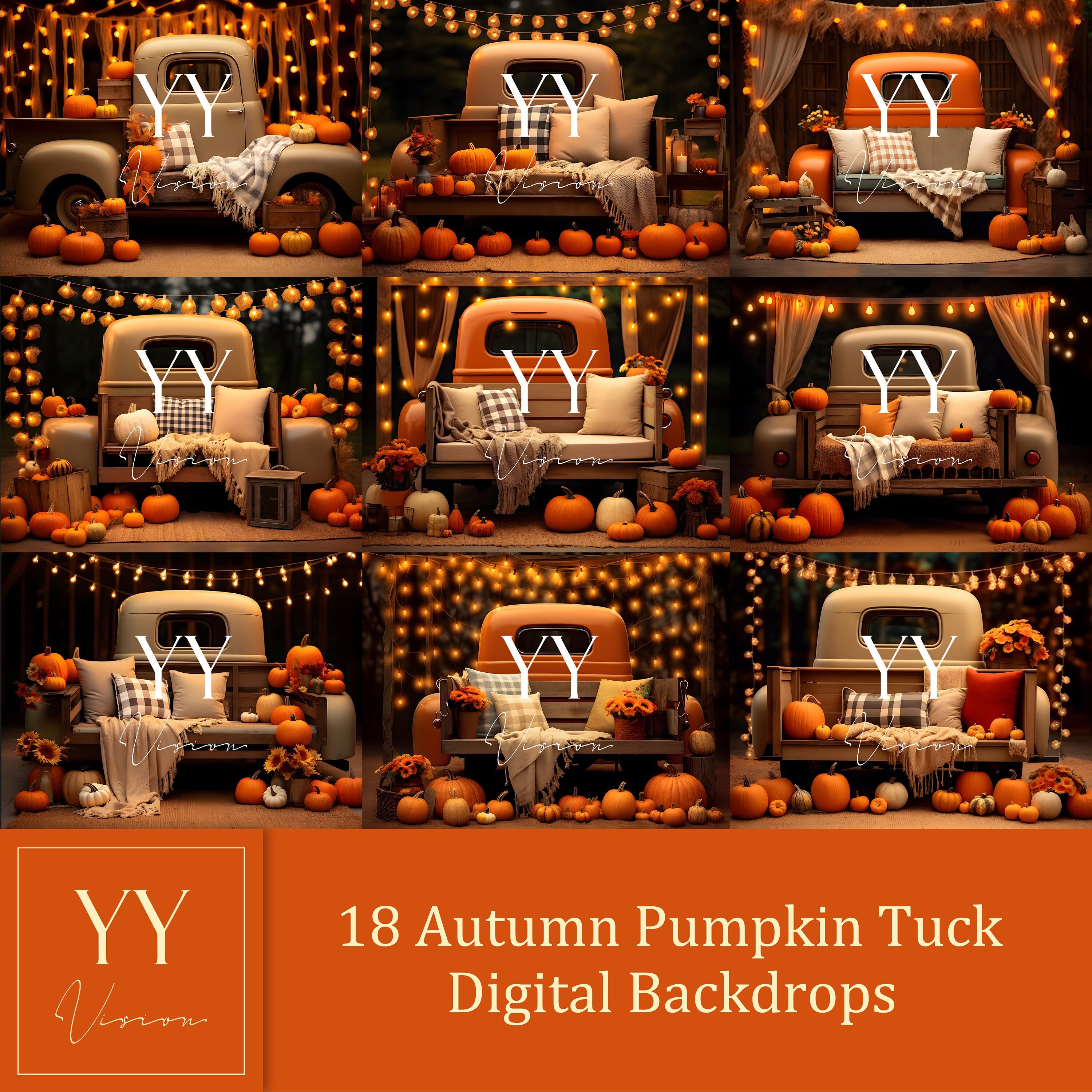 18 Autumn Pumpkin Truck Digital Backdrops Sets for Holiday Seasonal Photography Fine Arts Studio Photoshop Background