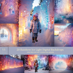 20 Rainbow Ice Christmas Lights Digital Backdrops Sets for Wedding Holiday Photography Fine Arts Studio Background