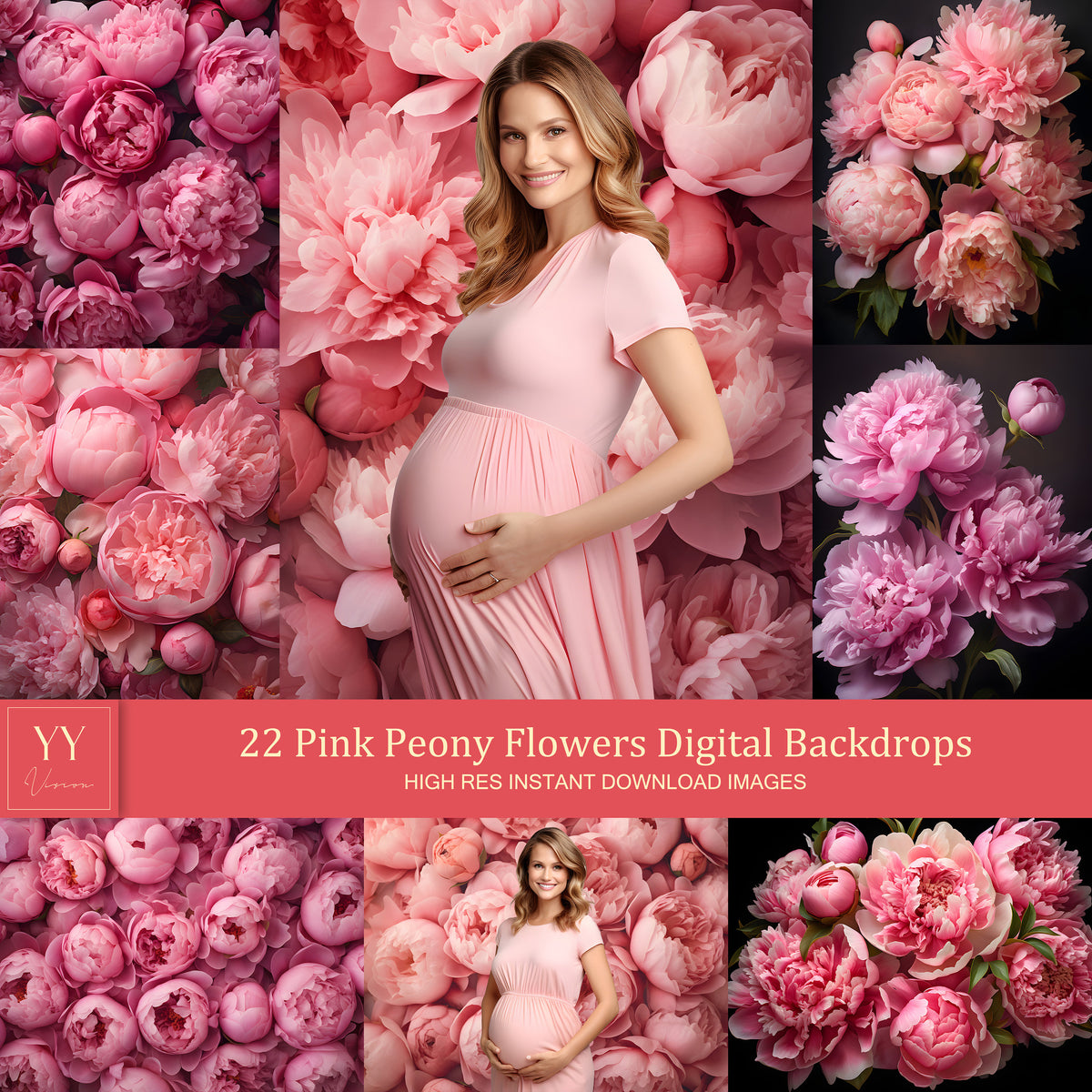 22 ensembles de décors numériques de fleurs de pivoine rose pour la photographie de maternité de mariage arrière-plan Photoshop floral