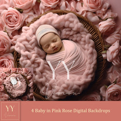 4 Baby in Pink Rose Digital Backdrops Sets for Newborn Baby Photography Fine Arts Studio Photoshop Background Face Insert