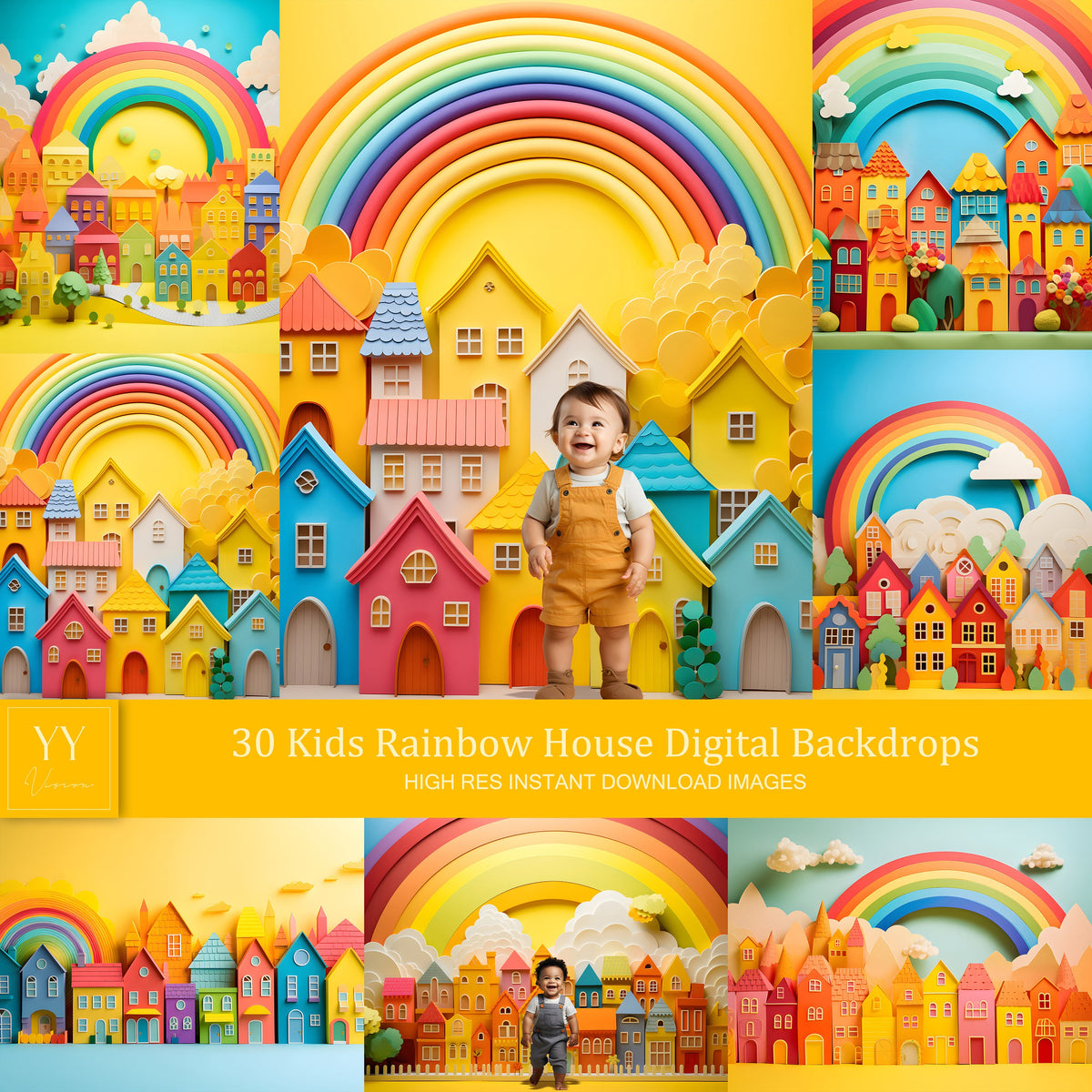 30 ensembles de décors numériques Kidcore House Rainbow Cloud pour Baby Cake Smash Photographie de maternité Beaux-Arts Studio Photoshop Background