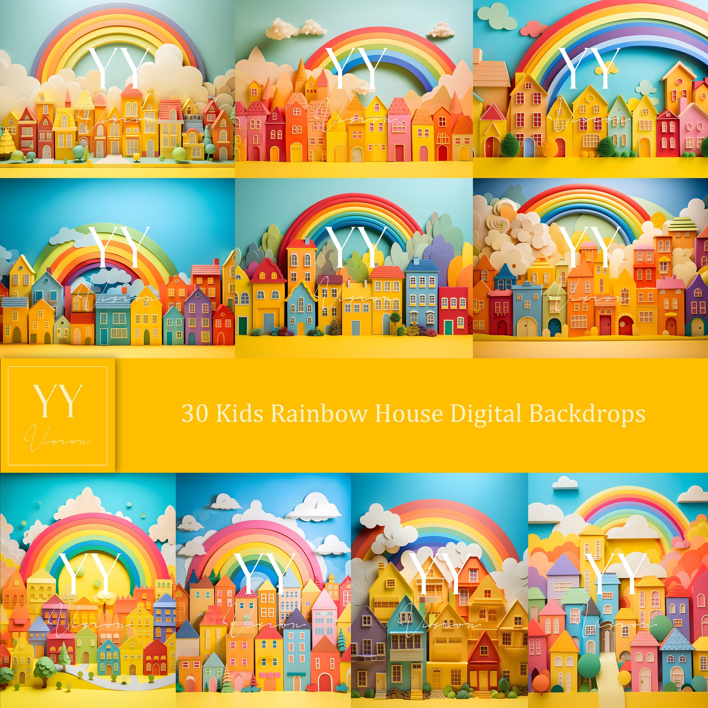 30 ensembles de décors numériques Kidcore House Rainbow Cloud pour Baby Cake Smash Photographie de maternité Beaux-Arts Studio Photoshop Background