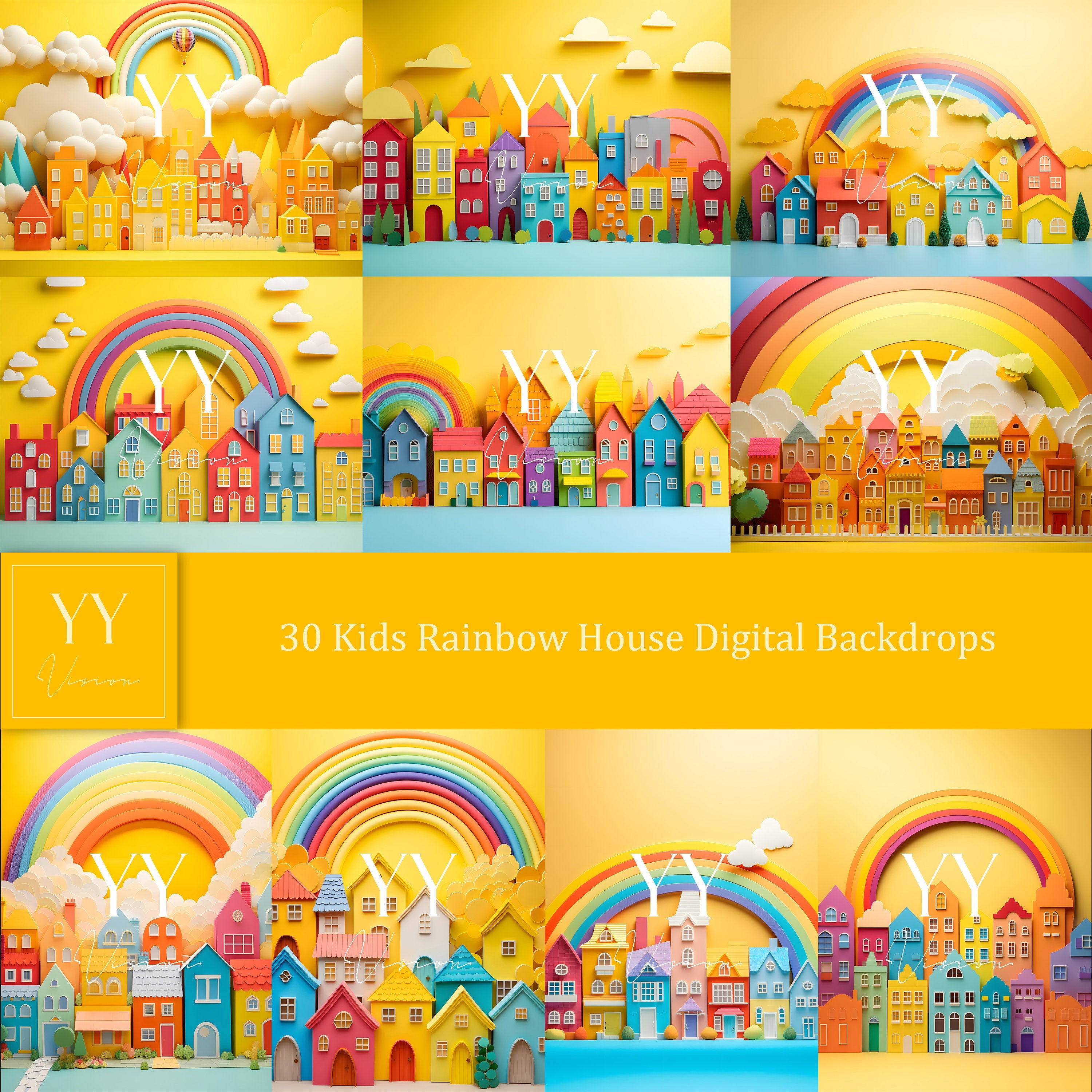 30 ensembles de décors numériques Kidcore House Rainbow Cloud pour Baby Cake Smash Photographie de maternité Beaux-Arts Studio Photoshop Background