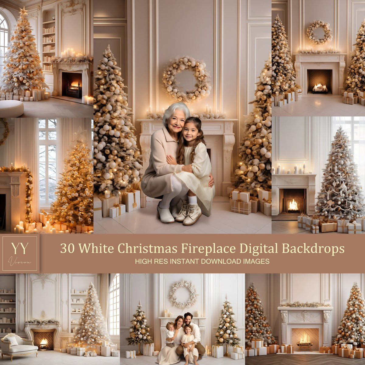 30 weiße Weihnachtsbaum &amp; Kamin digitale Hintergründe Sets für Weihnachten Urlaub Fotografie Fine Arts Studio Hintergrund