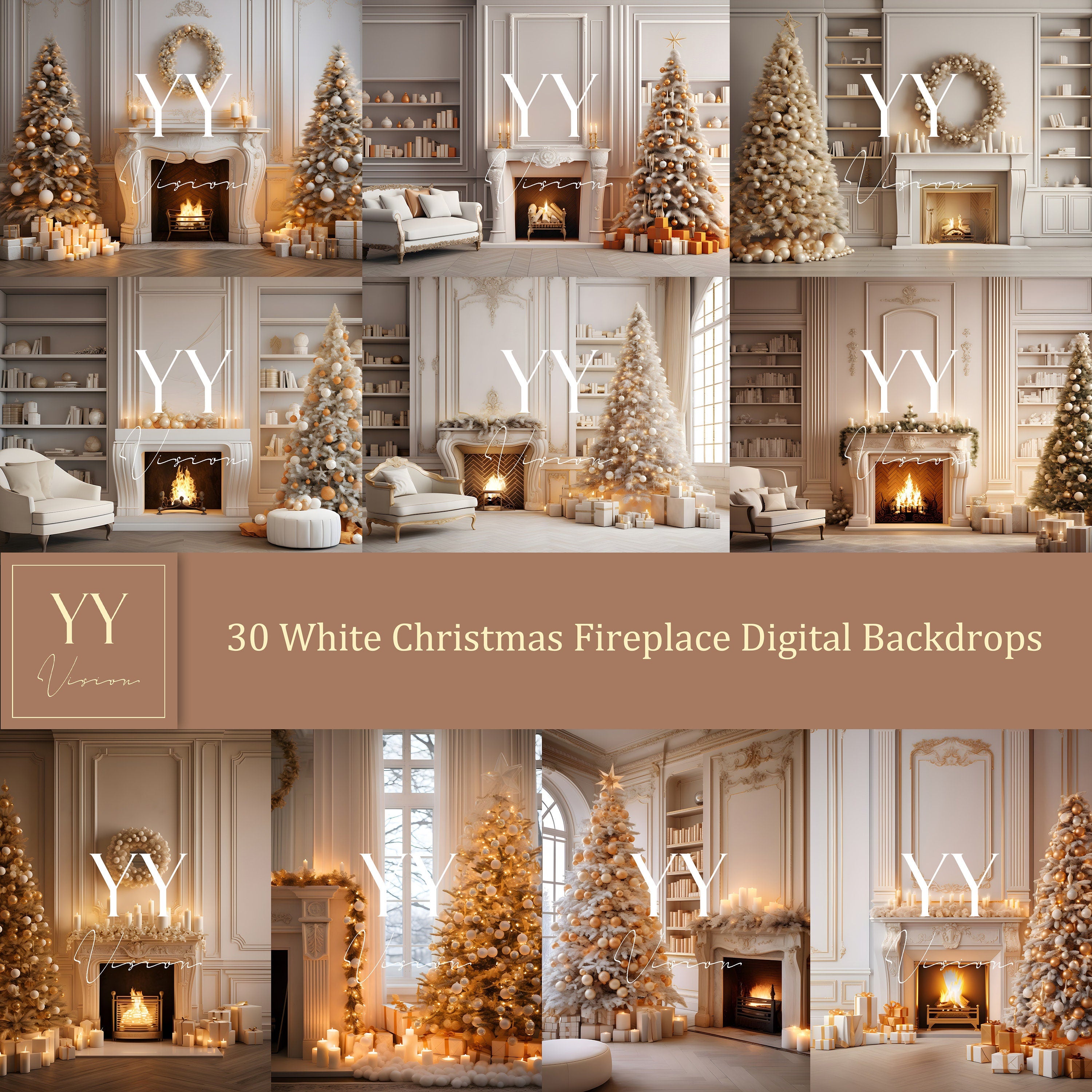 30 weiße Weihnachtsbaum &amp; Kamin digitale Hintergründe Sets für Weihnachten Urlaub Fotografie Fine Arts Studio Hintergrund