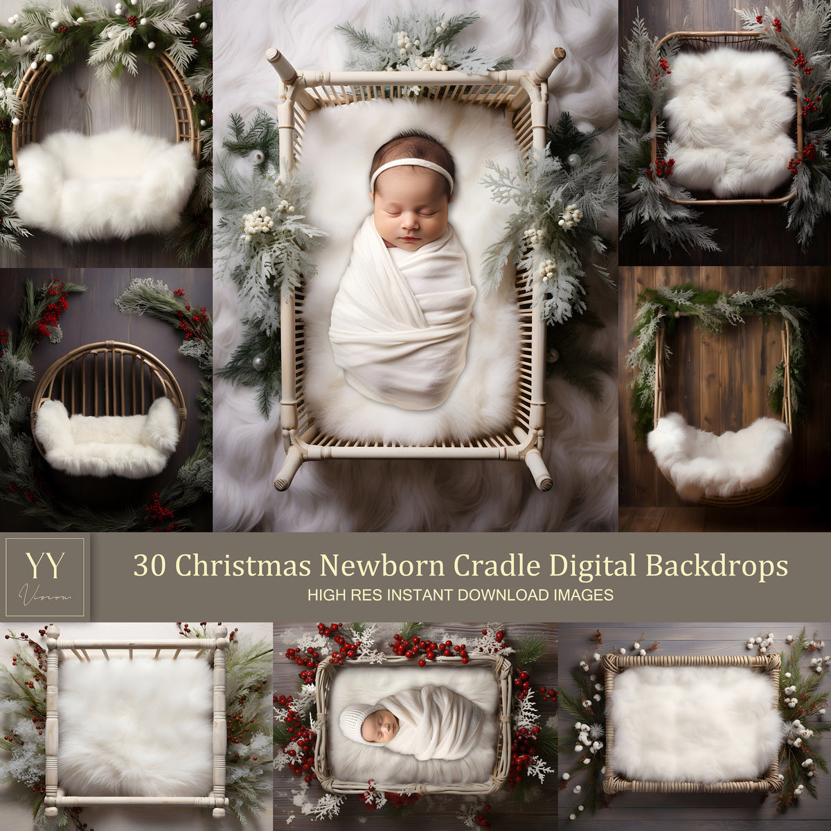 30 Christmas Newborn Baby Cradle Digital Backdrops Sets for Wedding Holiday Photography Fine Arts Studio Background