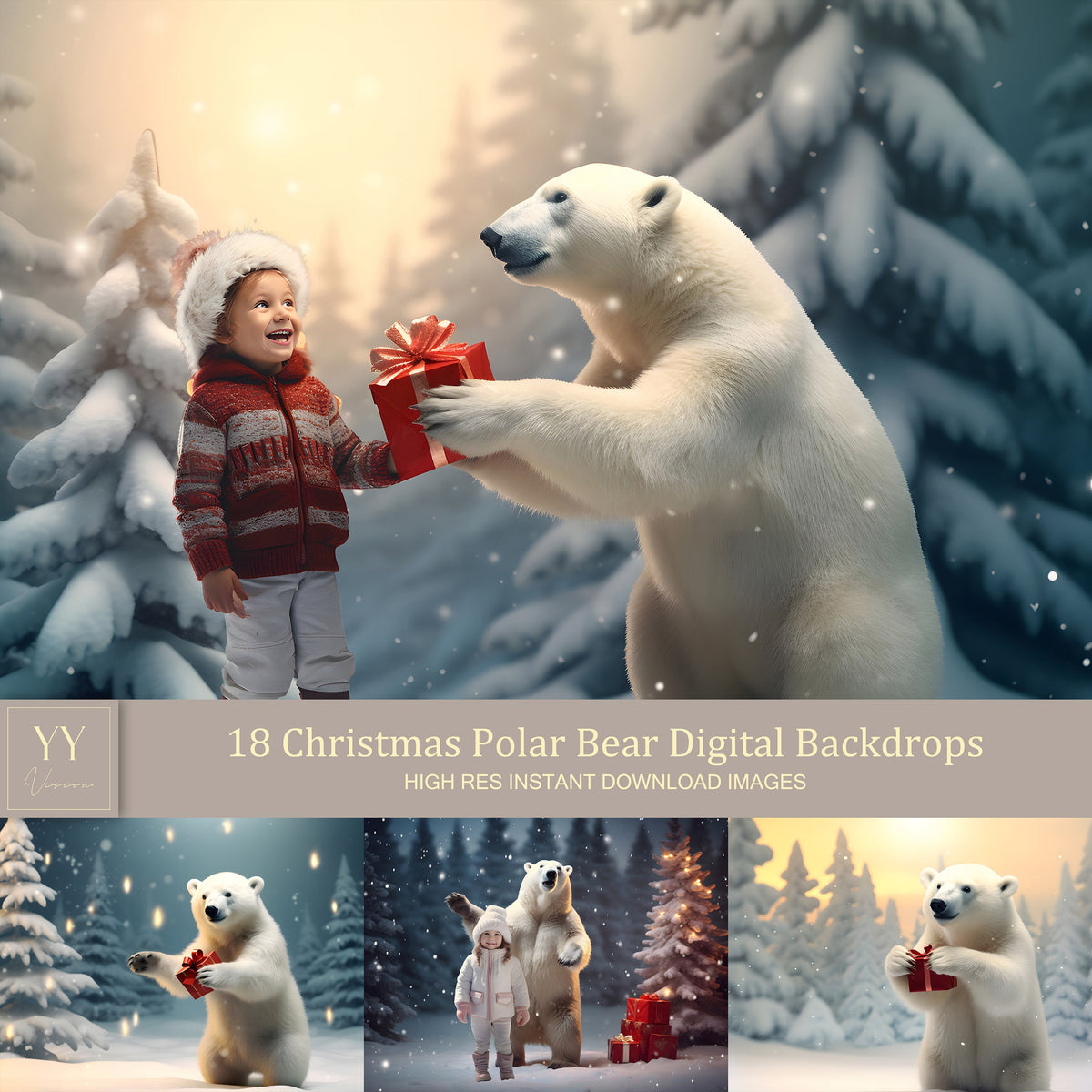 18 Polar Bear Christmas Tree Digital Backdrops Sets for Family Christmas gift Photography Fine Arts Studio Photoshop Background