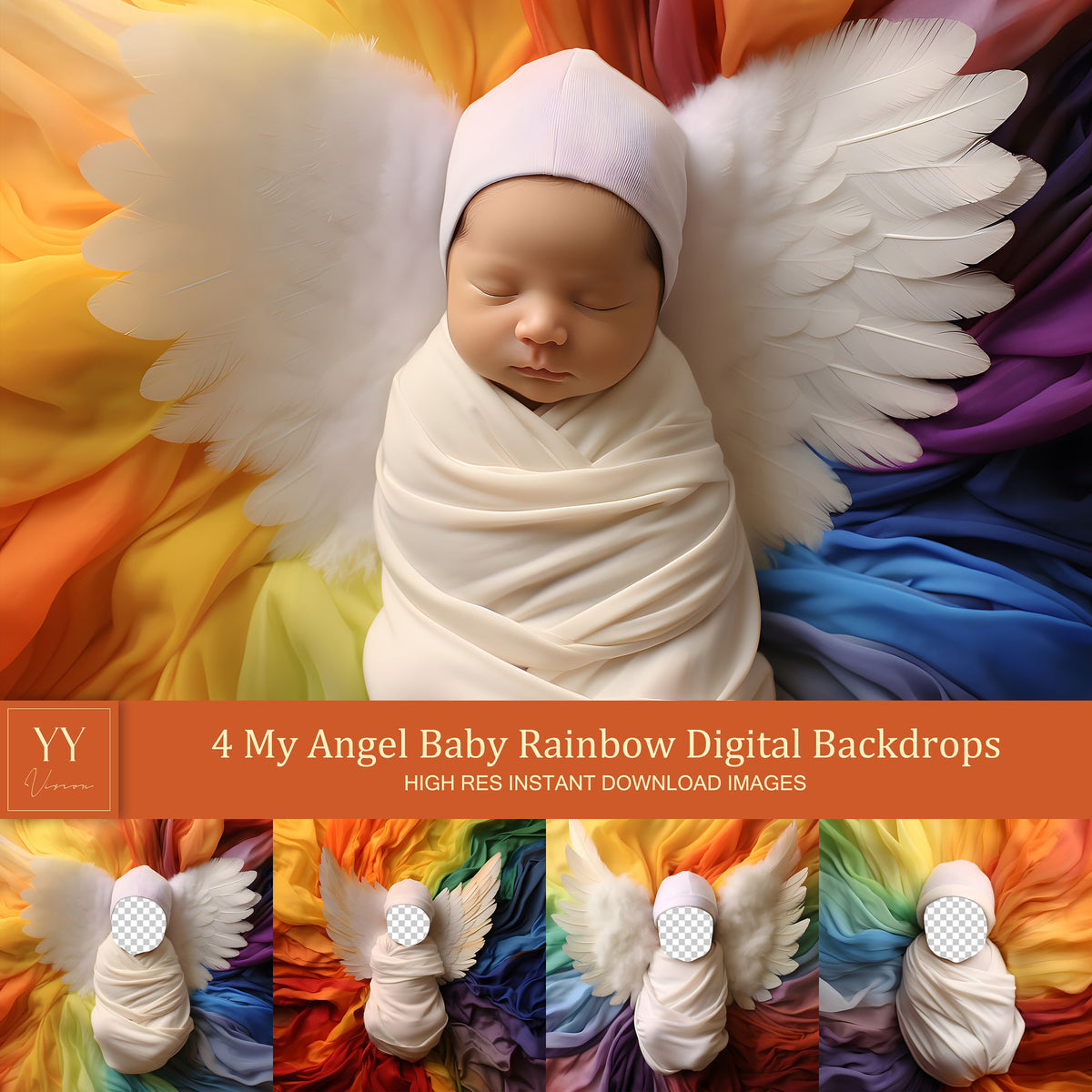 4 ensembles de décors numériques arc-en-ciel My Angel Baby pour la photographie de nouveau-né Studio d'arts Fond Photoshop Insertion de visage de pavot