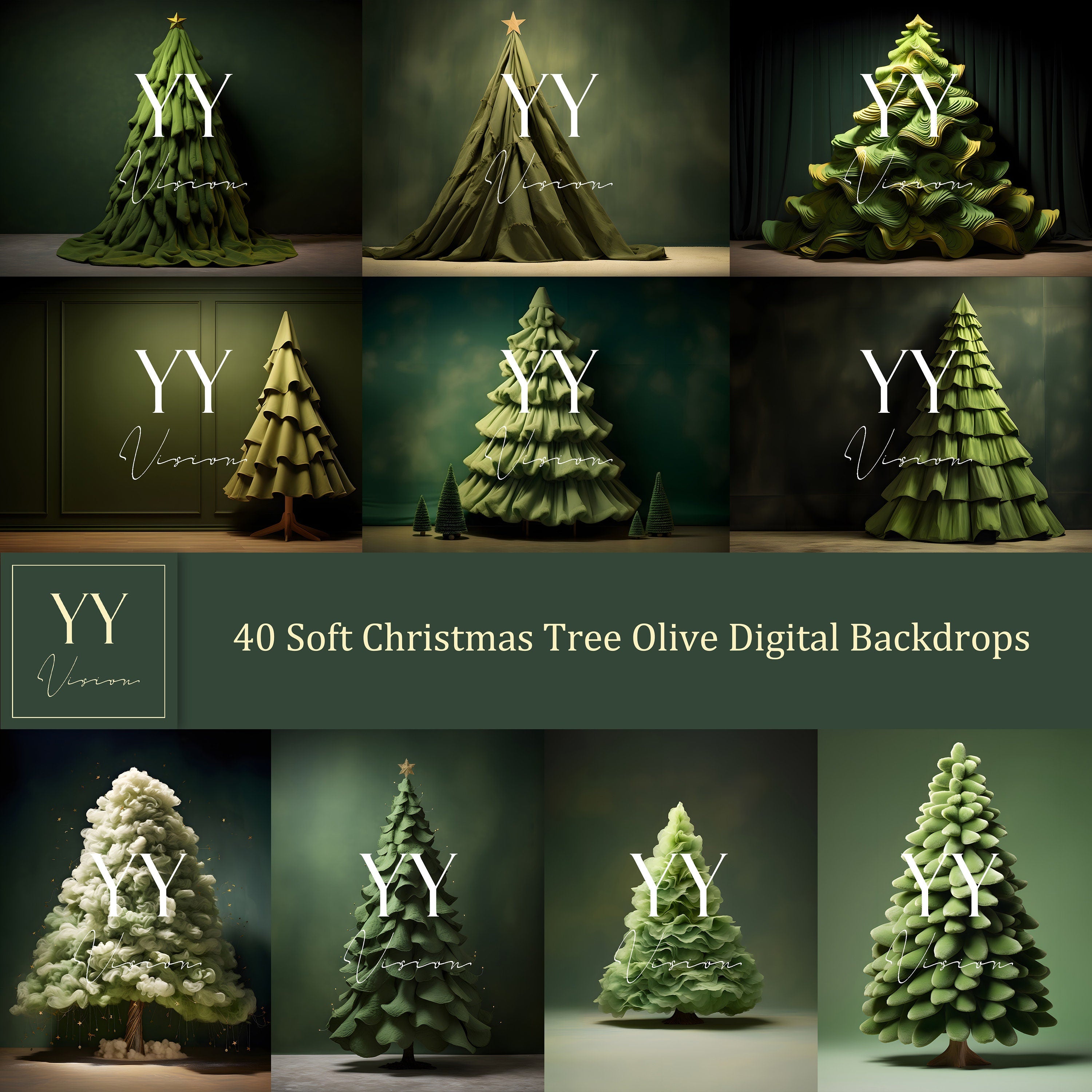 40 Soft Christmas Tree Olive Green Digital Backdrops Sets for Christmas Holiday Photography Fine Arts Studio Background