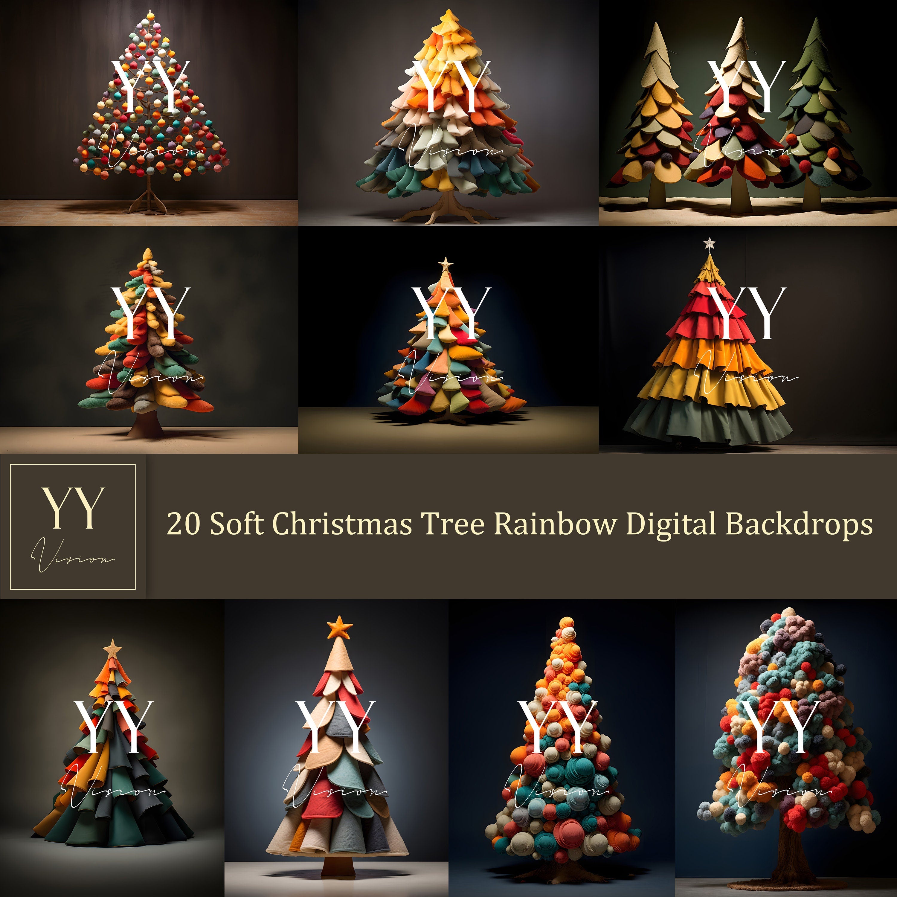 20 Soft Christmas Tree Rainbow Digital Backdrops Sets for Christmas Holiday Photography Fine Arts Studio Background