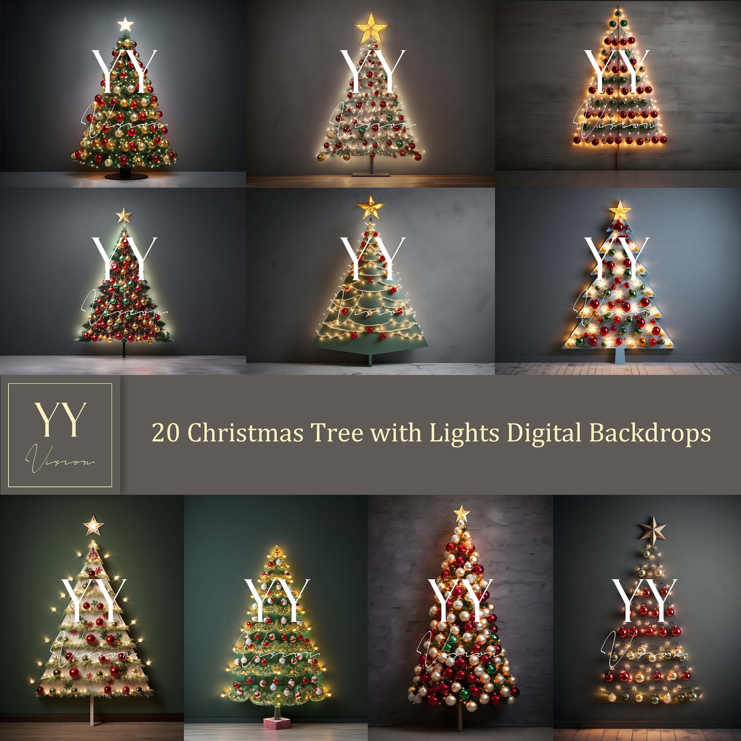 20 Christmas Tree with Lights Digital Backdrops Sets for Christmas Holiday Photography Fine Arts Studio Background