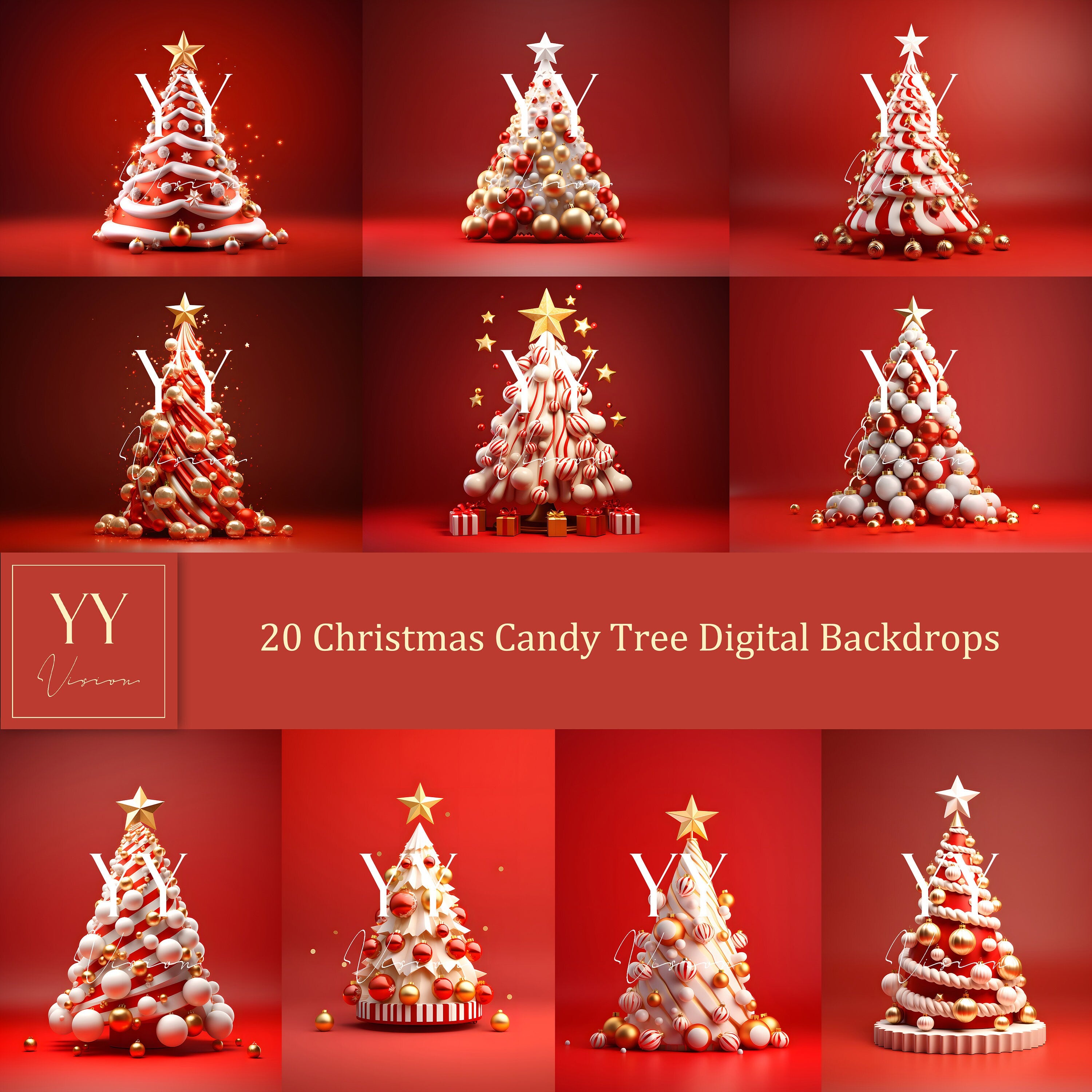 20 Christmas Candy Tree Red Digital Backdrops Sets for Christmas Holiday Photography Fine Arts Studio Background