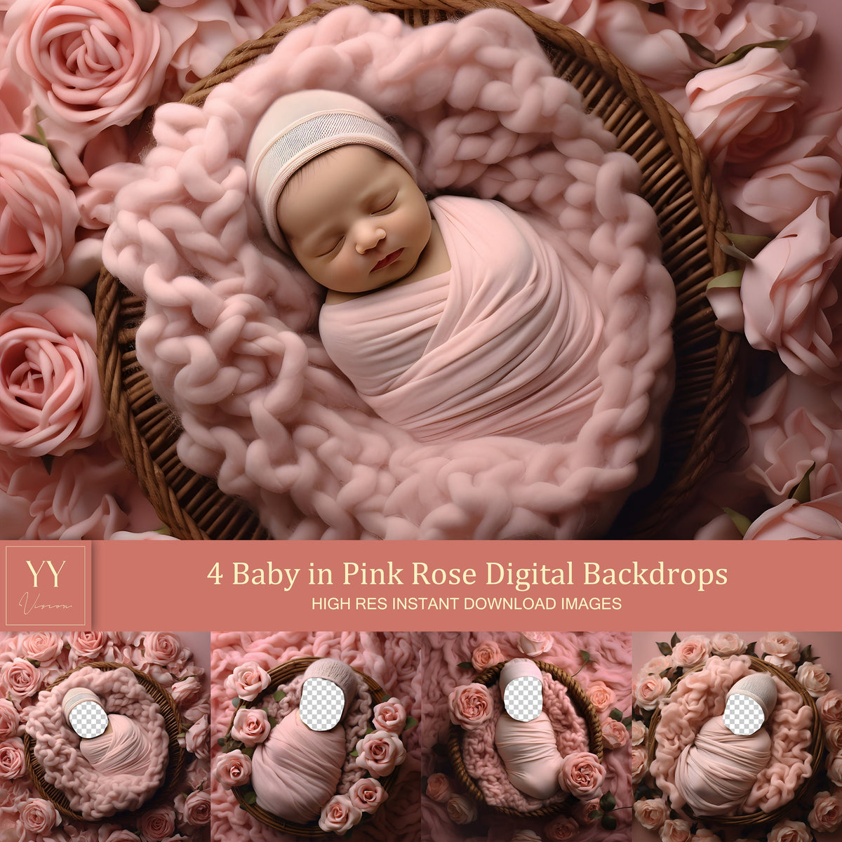 4 Baby in Pink Rose Digital Backdrops Sets for Newborn Baby Photography Fine Arts Studio Photoshop Background Face Insert