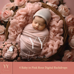 4 Baby in Pink Rose Digital Backdrops Sets for Newborn Baby Photography Fine Arts Studio Photoshop Background Face Insert