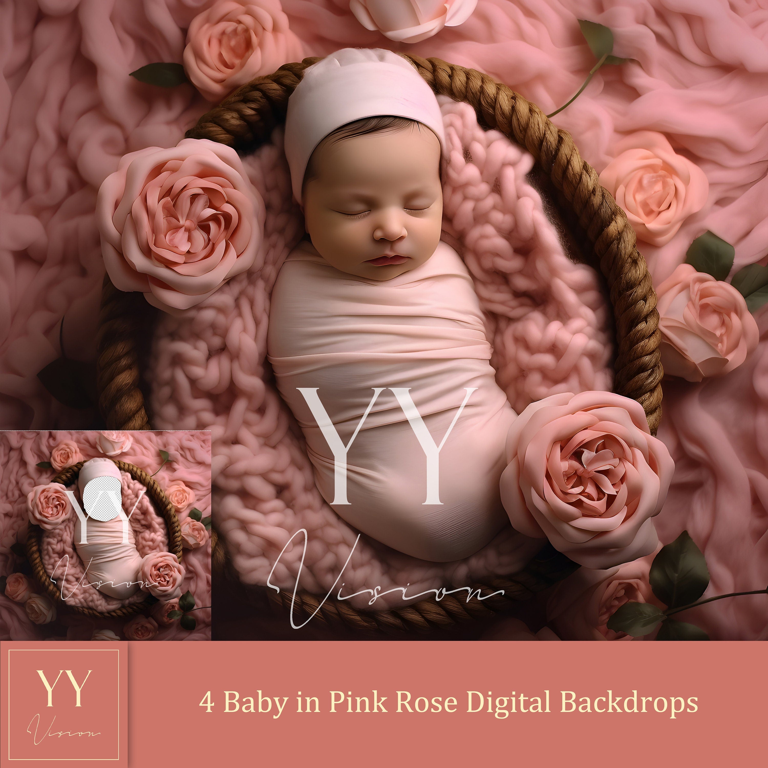 4 Baby in Pink Rose Digital Backdrops Sets for Newborn Baby Photography Fine Arts Studio Photoshop Background Face Insert