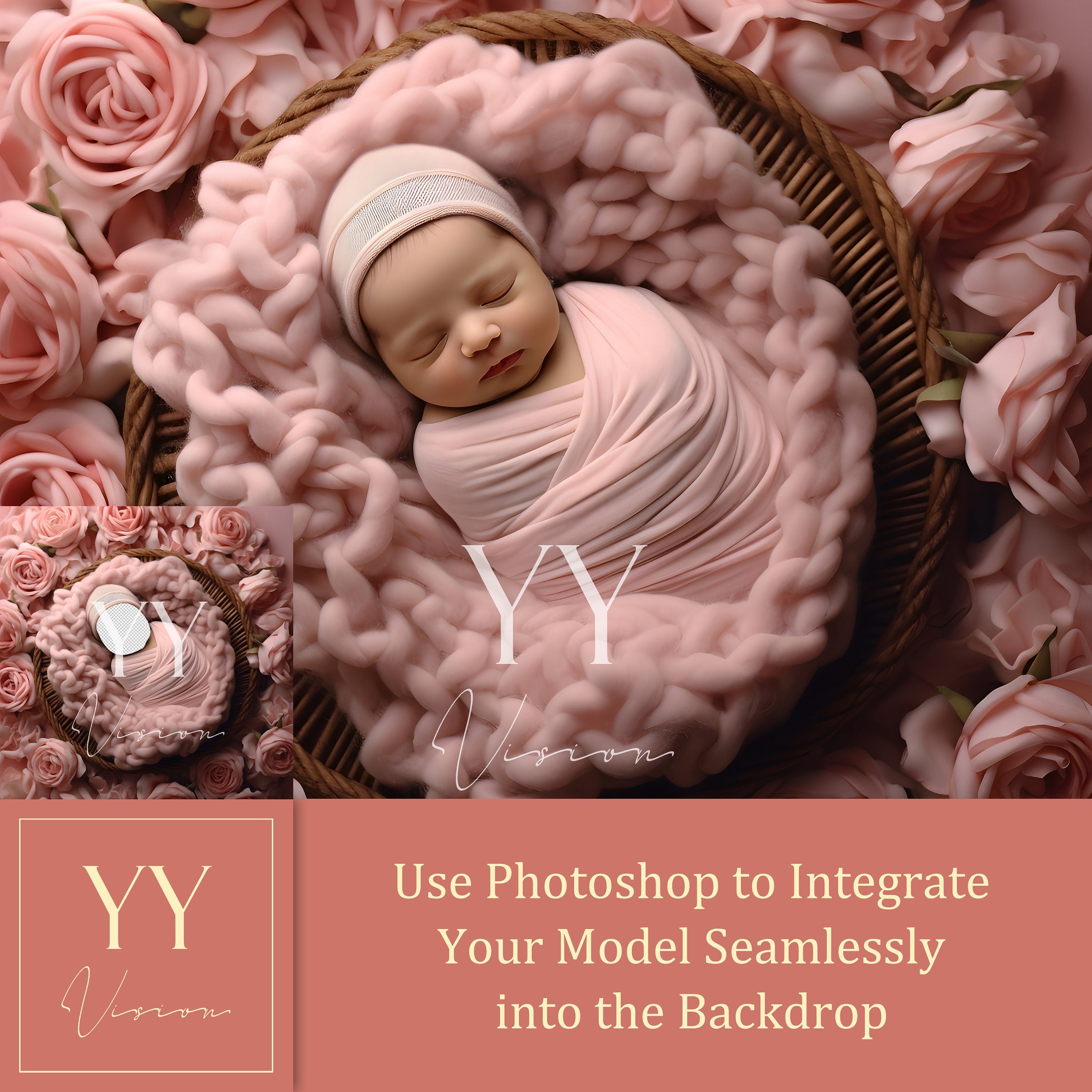 4 Baby in Pink Rose Digital Backdrops Sets for Newborn Baby Photography Fine Arts Studio Photoshop Background Face Insert