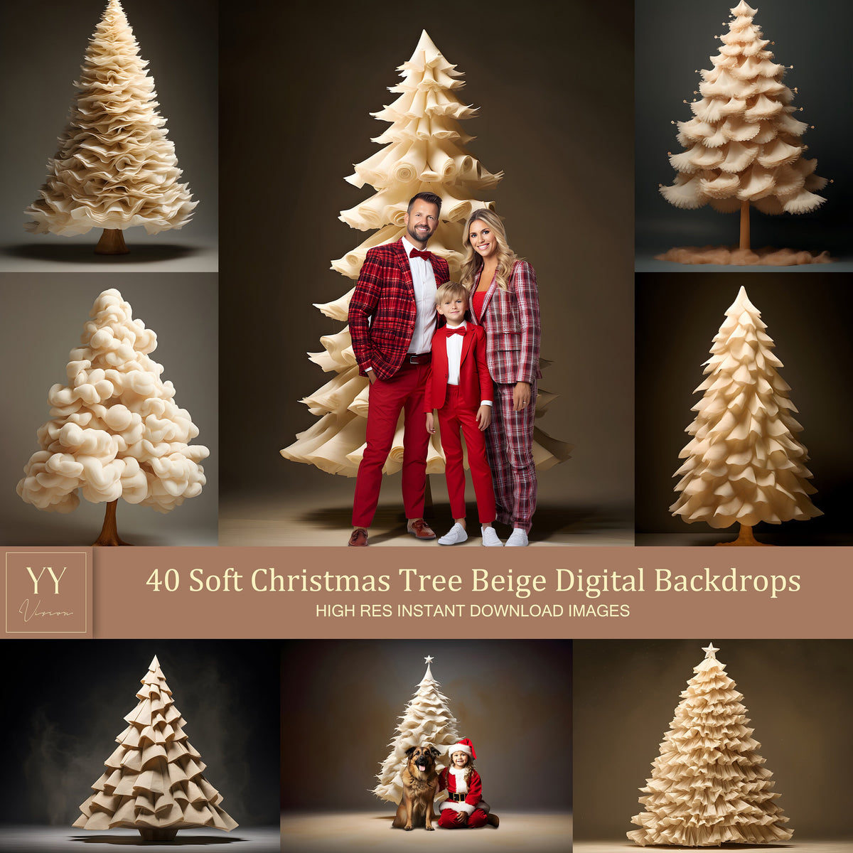 40 ensembles de toiles de fond numériques beiges pour sapin de Noël doux pour la photographie de vacances de Noël, arrière-plan de studio des beaux-arts