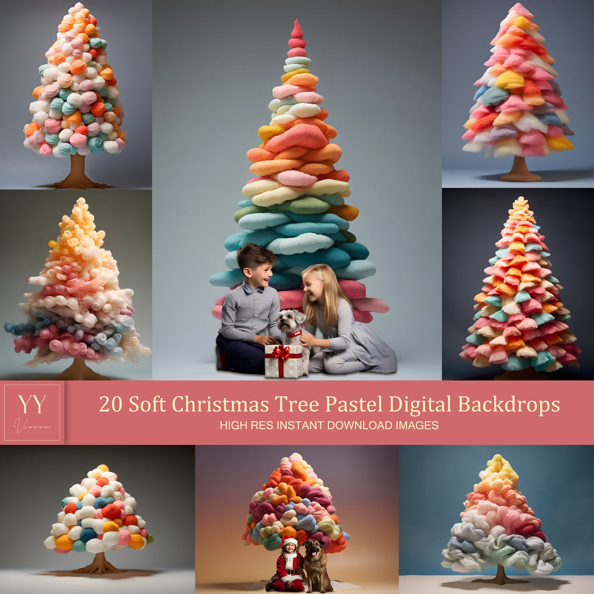 20 Soft Christmas Tree Pastel Digital Backdrops Sets for Christmas Holiday Photography Fine Arts Studio Background