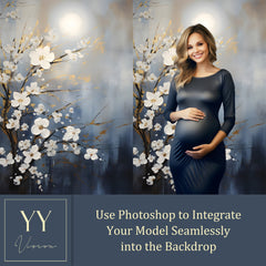 33 Cherry Blossoms and Moon Portrait Digital Background Navy Gold Sets for Maternity Photography Fine Arts Texture