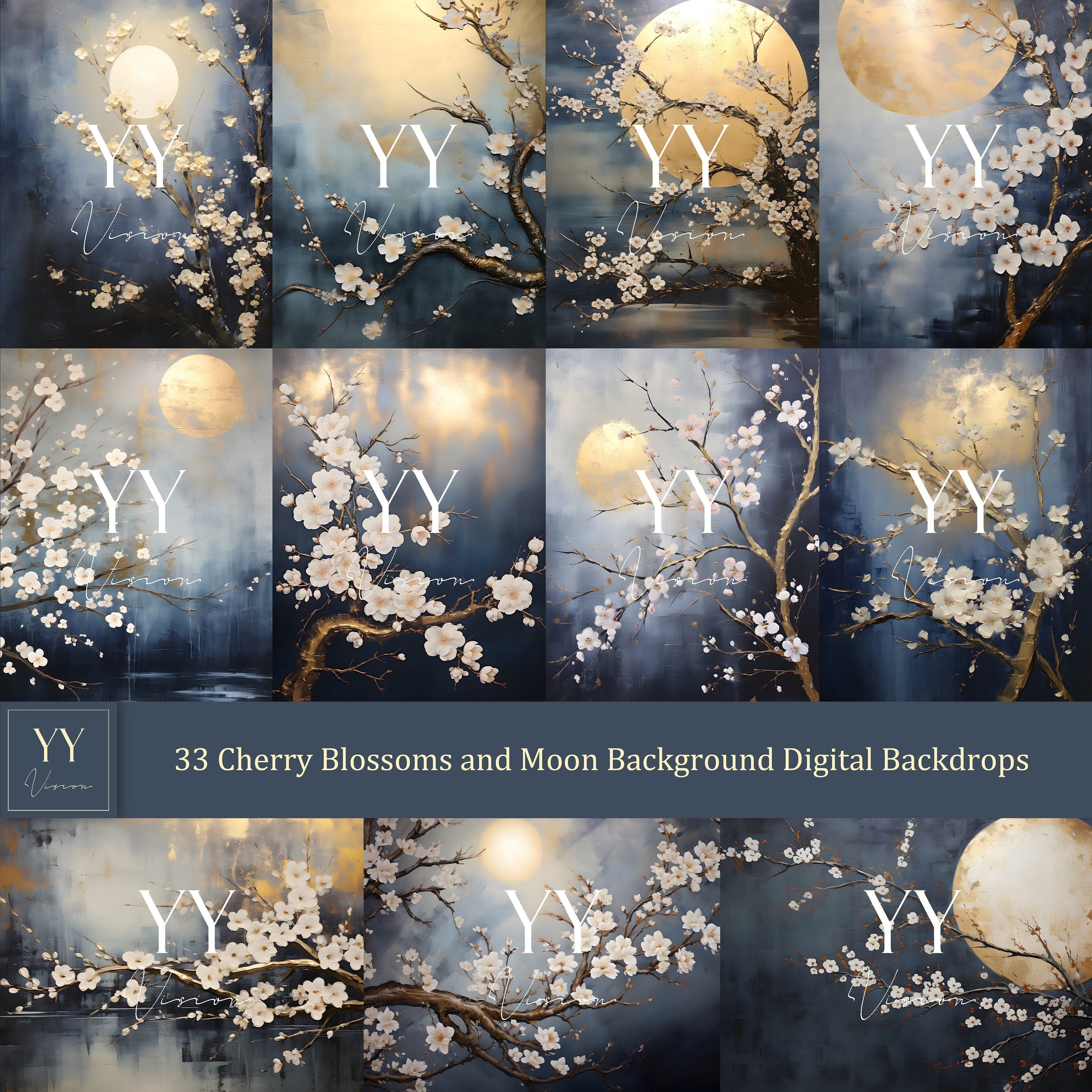 33 Kirschblüten und Mond Portrait Digitaler Hintergrund Navy Gold Sets für Schwangerschaftsfotografie Fine Arts Textur