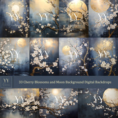 33 Fleurs de cerisier et portrait de lune Arrière-plan numérique Ensembles d'or bleu marine pour la photographie de maternité Texture des beaux-arts