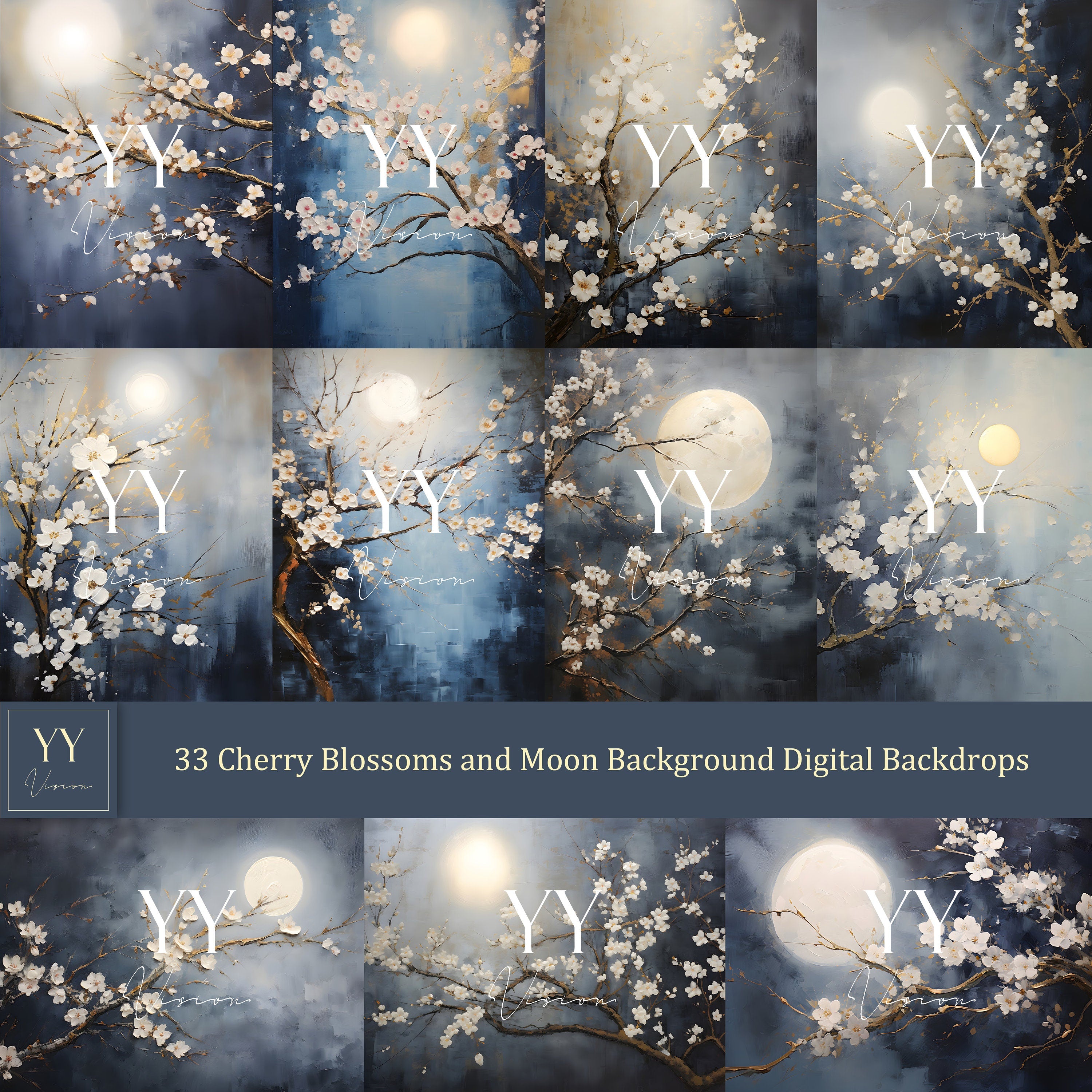 33 Fleurs de cerisier et portrait de lune Arrière-plan numérique Ensembles d'or bleu marine pour la photographie de maternité Texture des beaux-arts