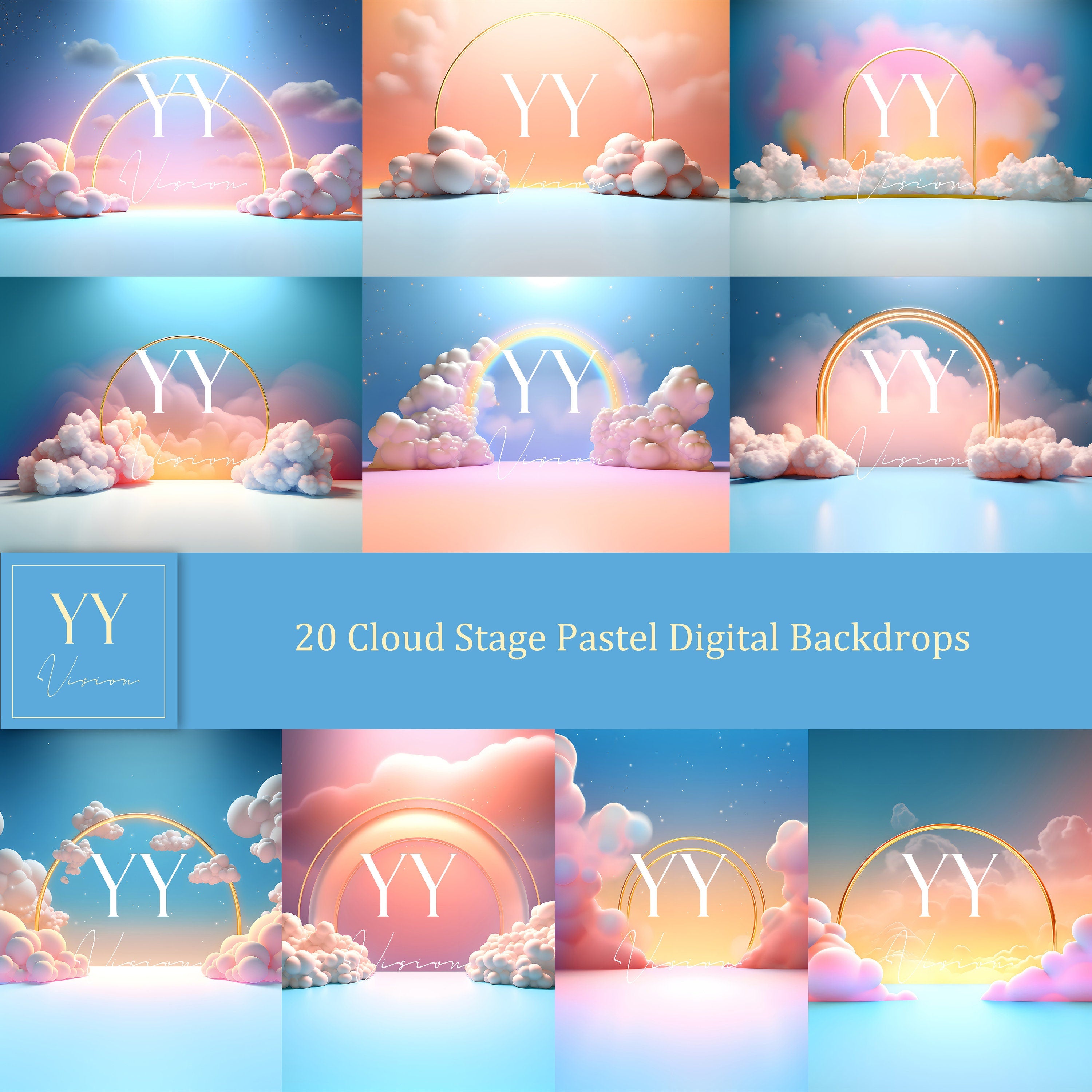 20 Cloud Stage Pastel Digital Backdrops Sets for Christmas Holiday Photography Fine Arts Studio Background