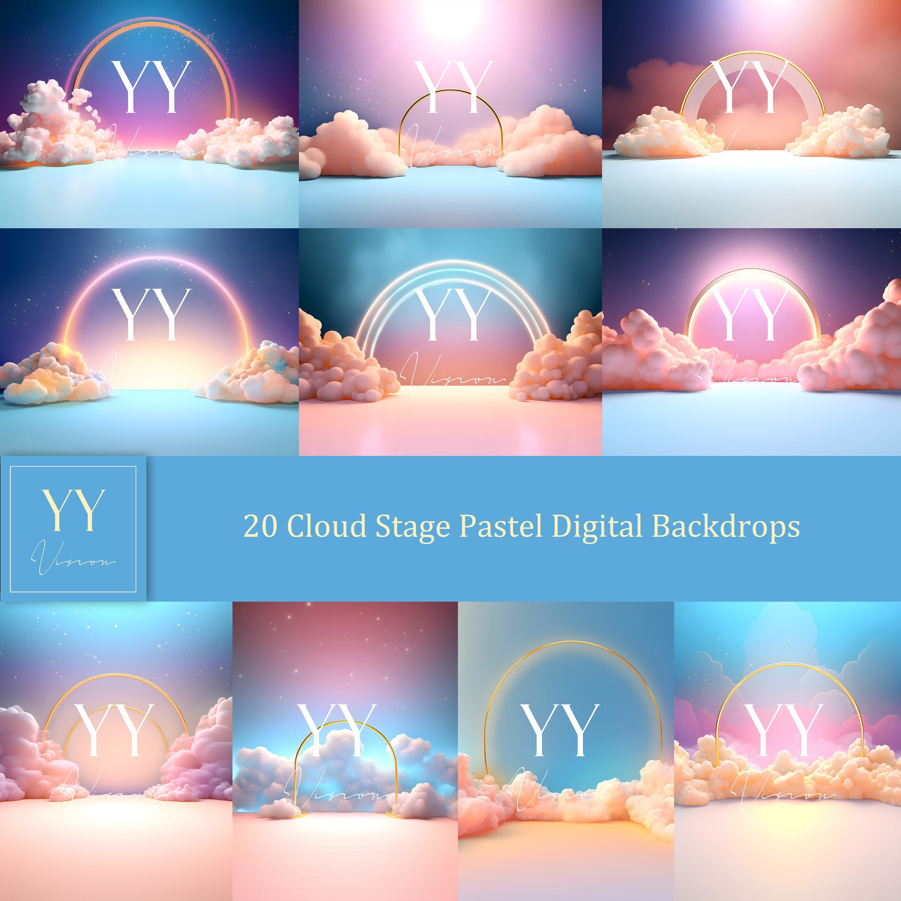 20 Cloud Stage Pastel Digital Backdrops Sets for Christmas Holiday Photography Fine Arts Studio Background