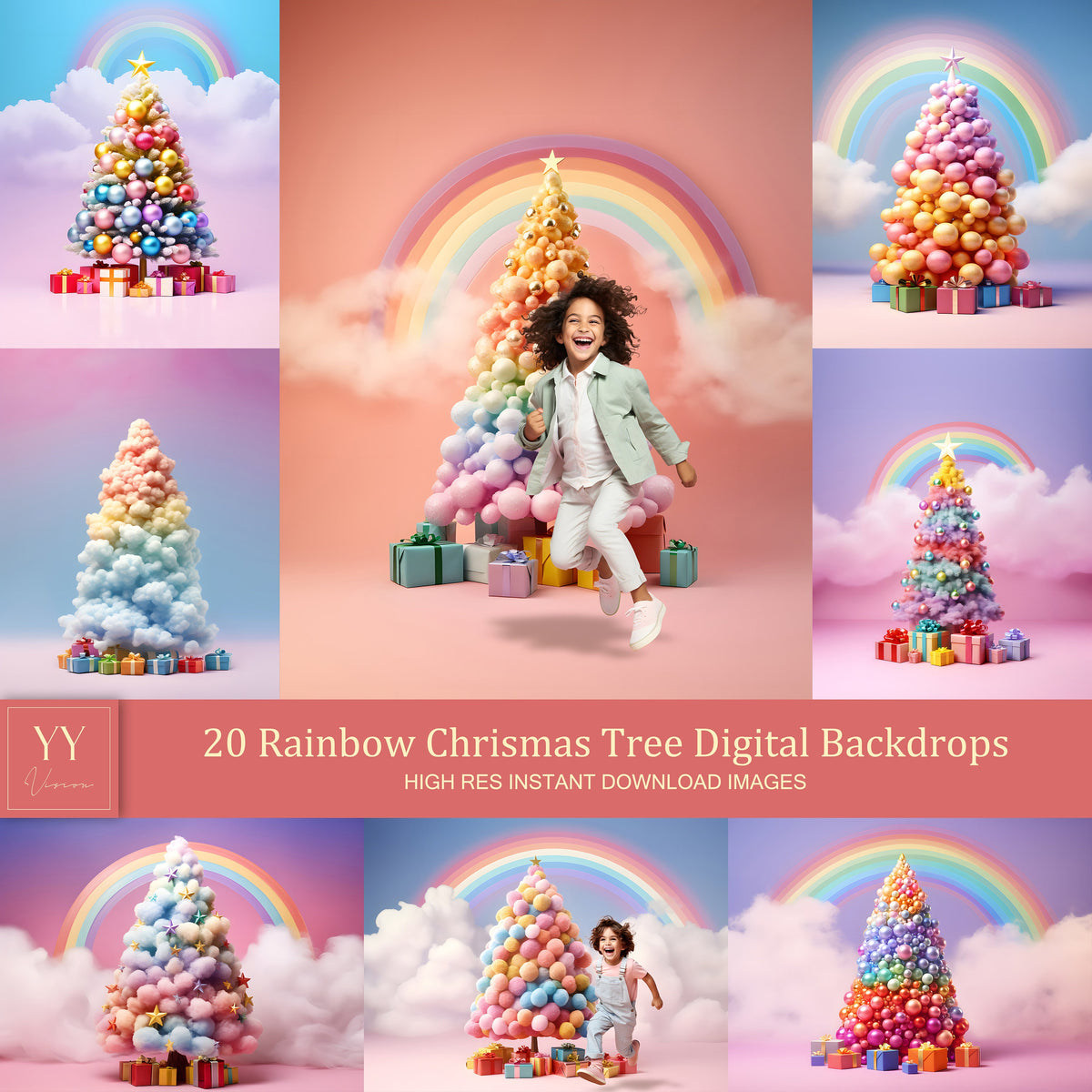 20 Modern Rainbow Christmas Tree Digital Backdrops Sets for Christmas Holiday Photography Fine Arts Studio Background