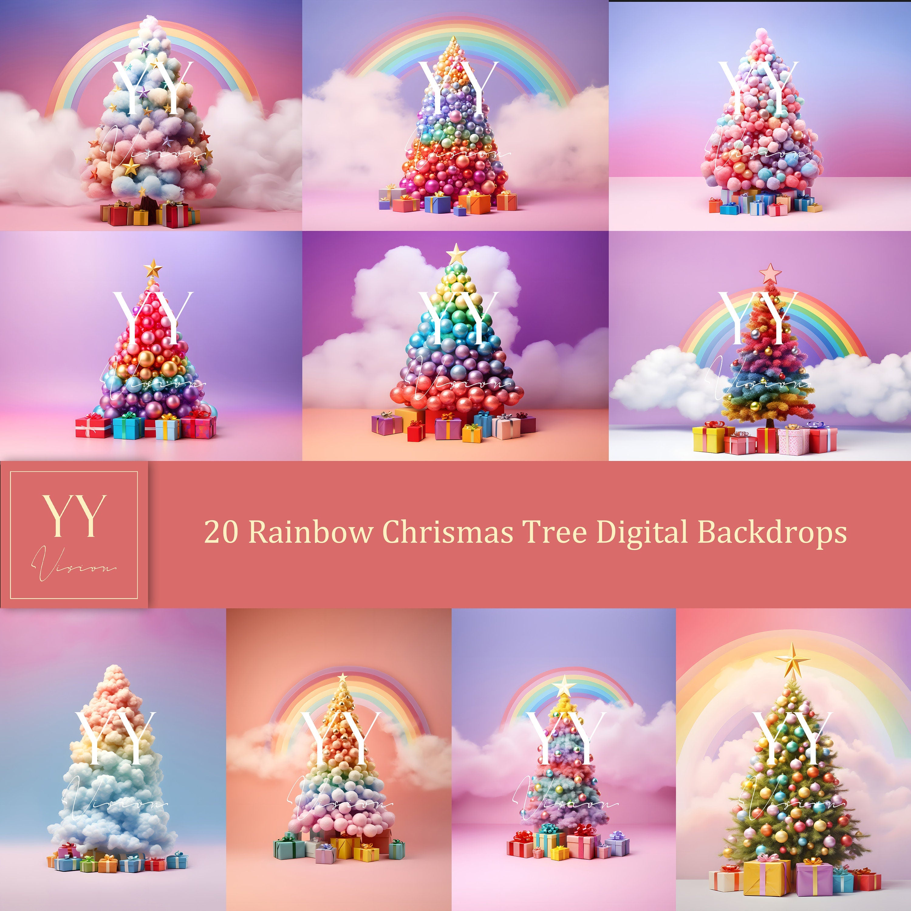 20 moderne Regenbogen Weihnachtsbaum digitale Hintergründe Sets für Weihnachten Urlaub Fotografie Fine Arts Studio Hintergrund