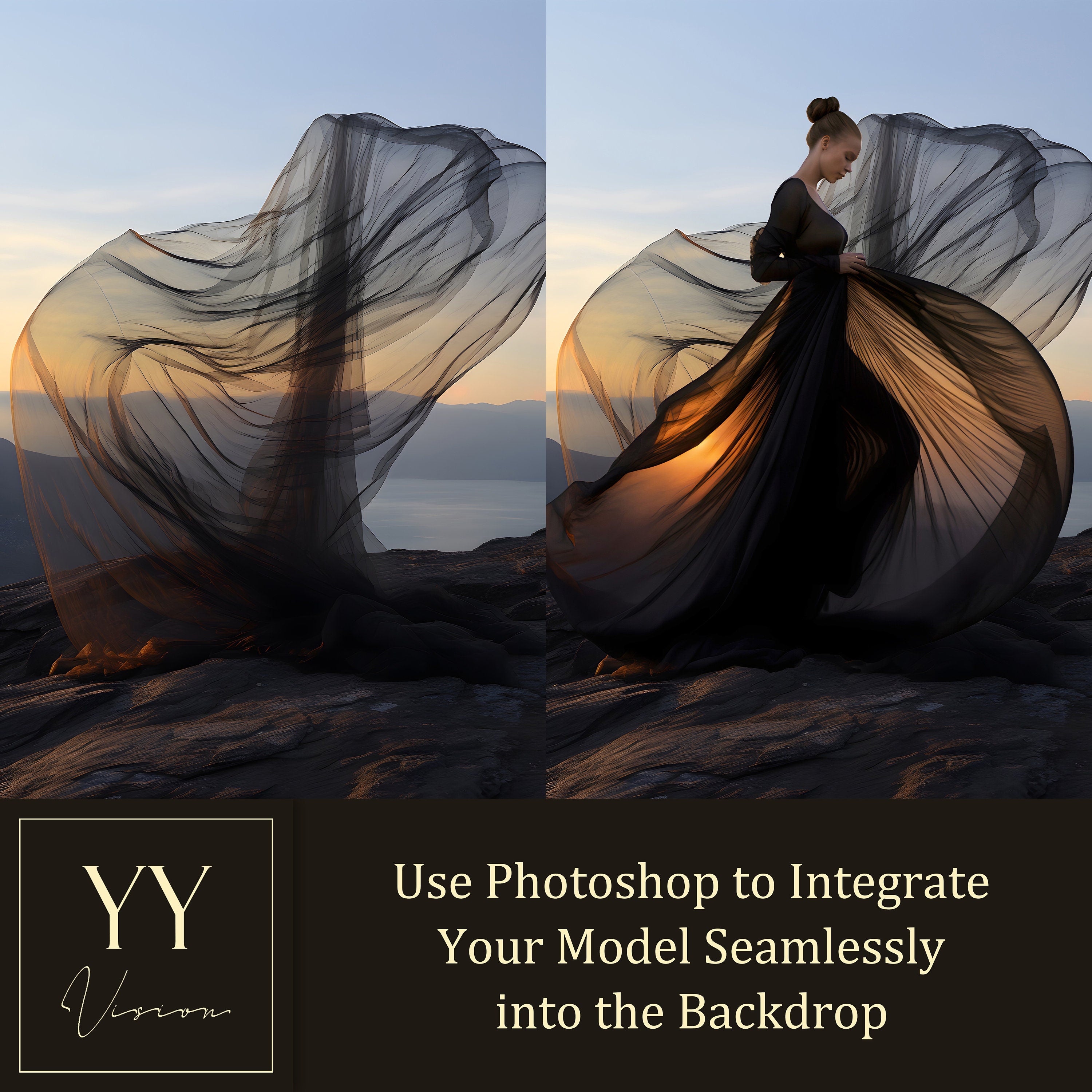 40 Black Flying Silk Fabric on Mountain Digital Backdrops Sets for Maternity Photography Fine Arts Wedding Studio Photoshop Background