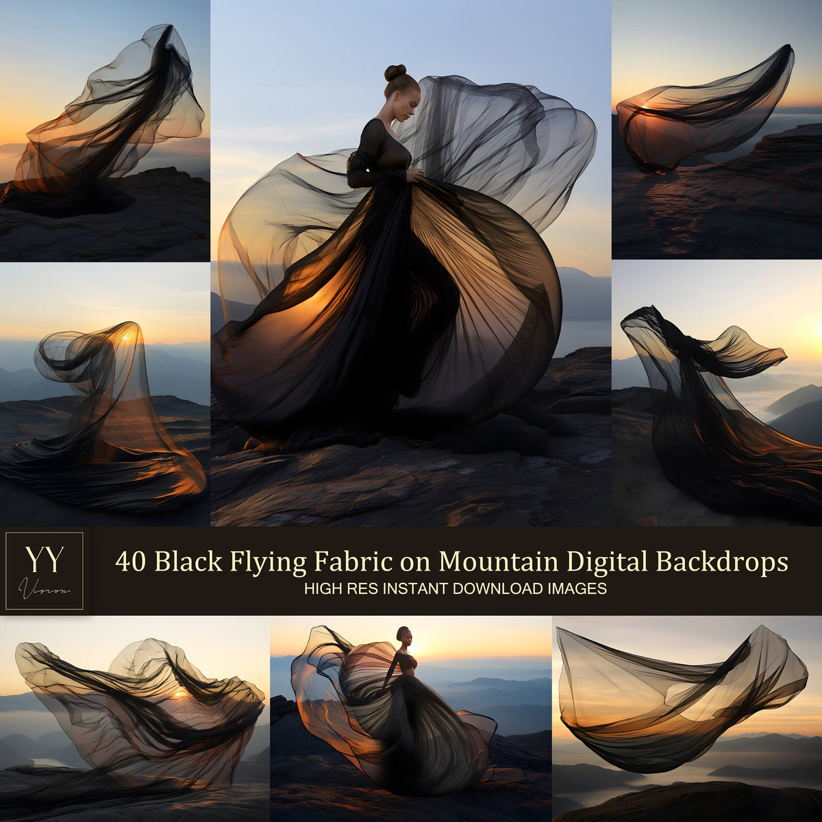 40 Black Flying Silk Fabric on Mountain Digital Backdrops Sets for Maternity Photography Fine Arts Wedding Studio Photoshop Background