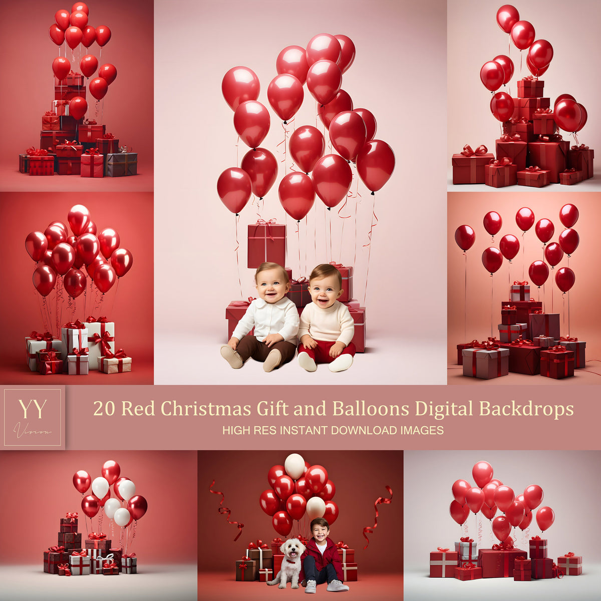 20 Red Christmas Gift and Balloon Digital Backdrops Sets for Christmas Holiday Photography Fine Arts Photoshop Background