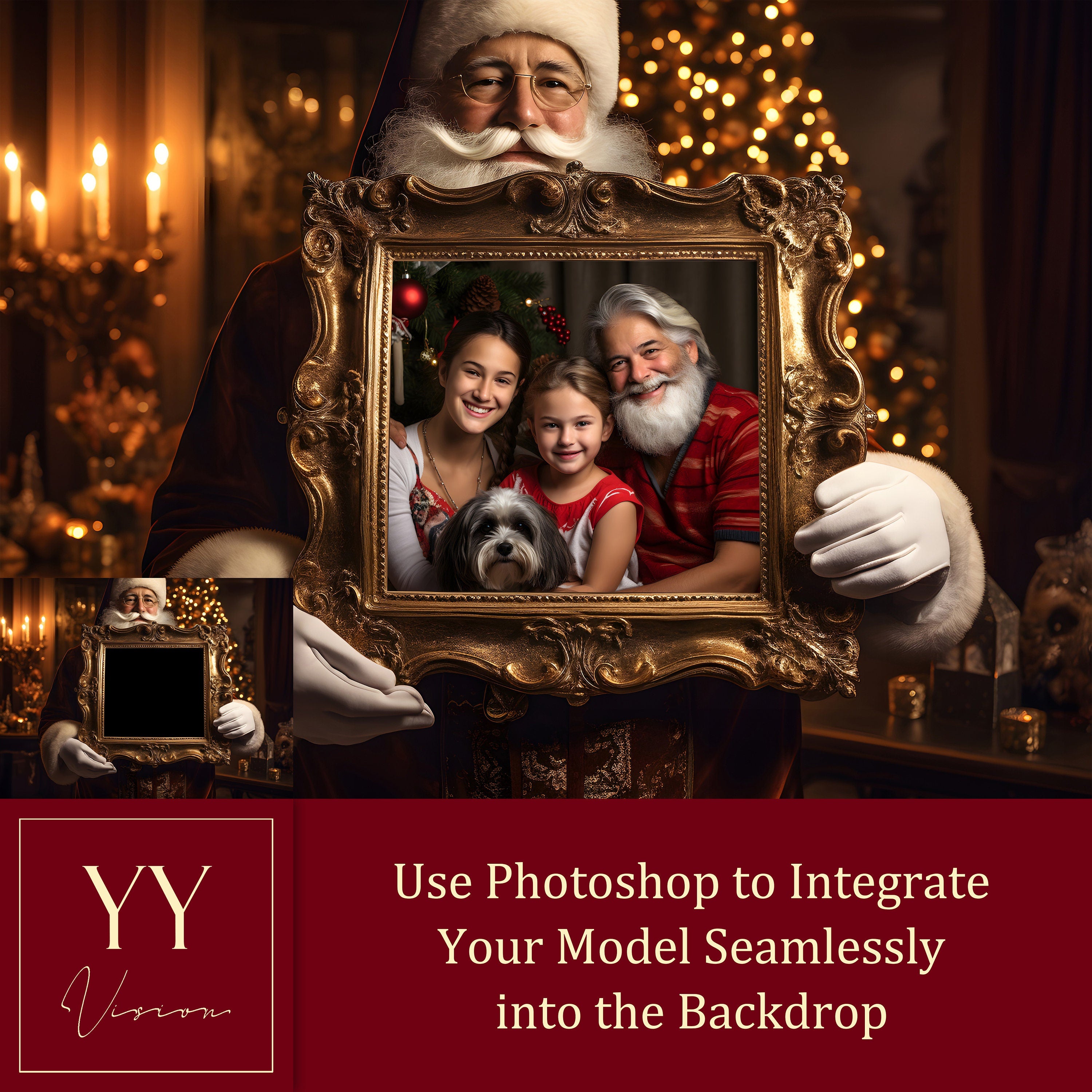 20 Santa Claus Holding Vintage Frame Digital Backdrops Sets for Christmas Gift Family Photography Fine Arts Background