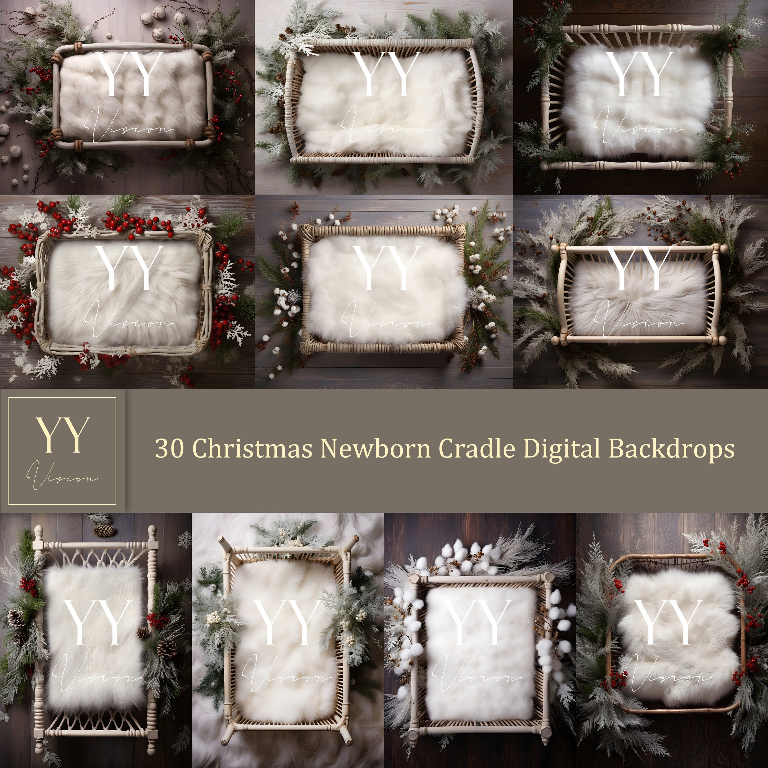 30 Christmas Newborn Baby Cradle Digital Backdrops Sets for Wedding Holiday Photography Fine Arts Studio Background