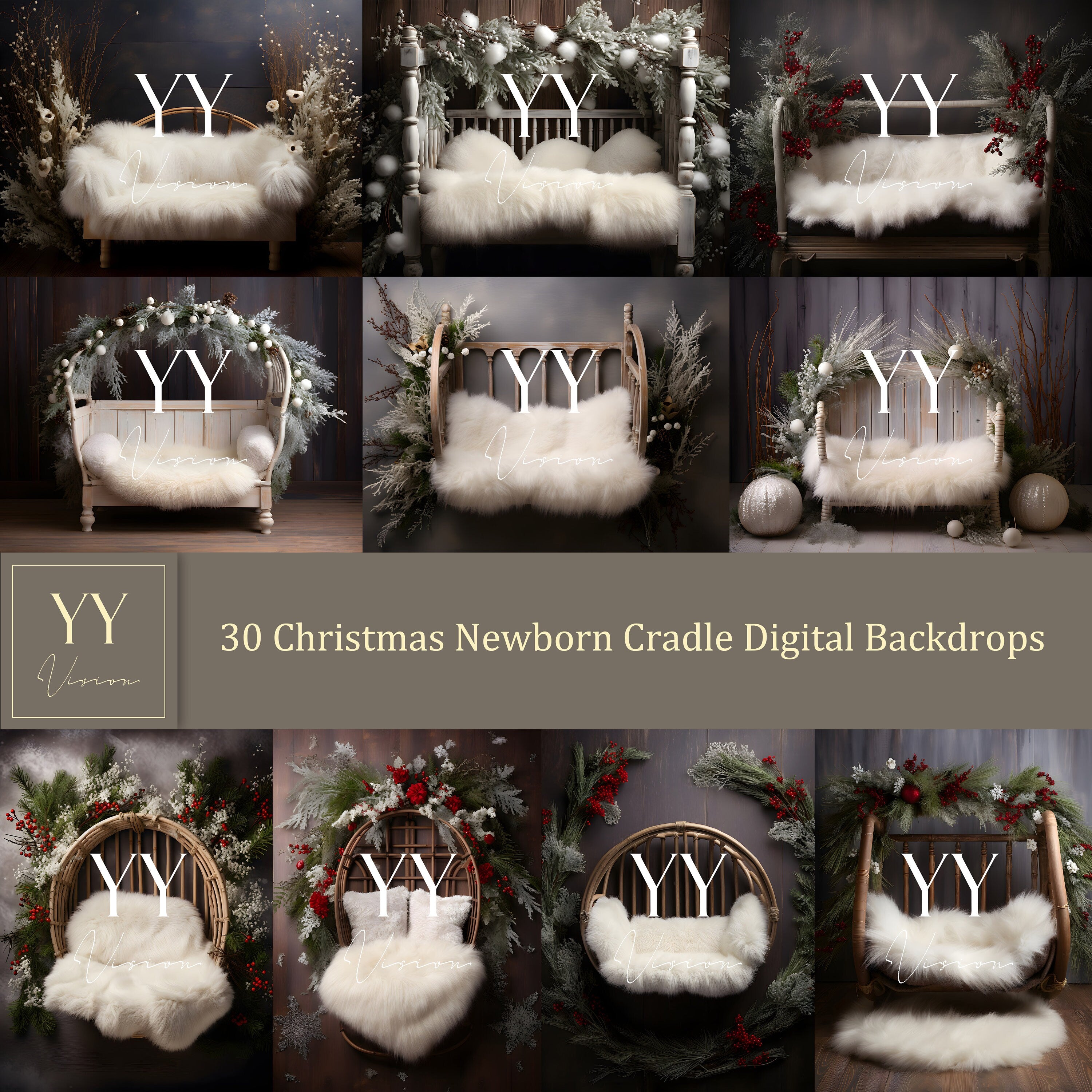 30 Christmas Newborn Baby Cradle Digital Backdrops Sets for Wedding Holiday Photography Fine Arts Studio Background