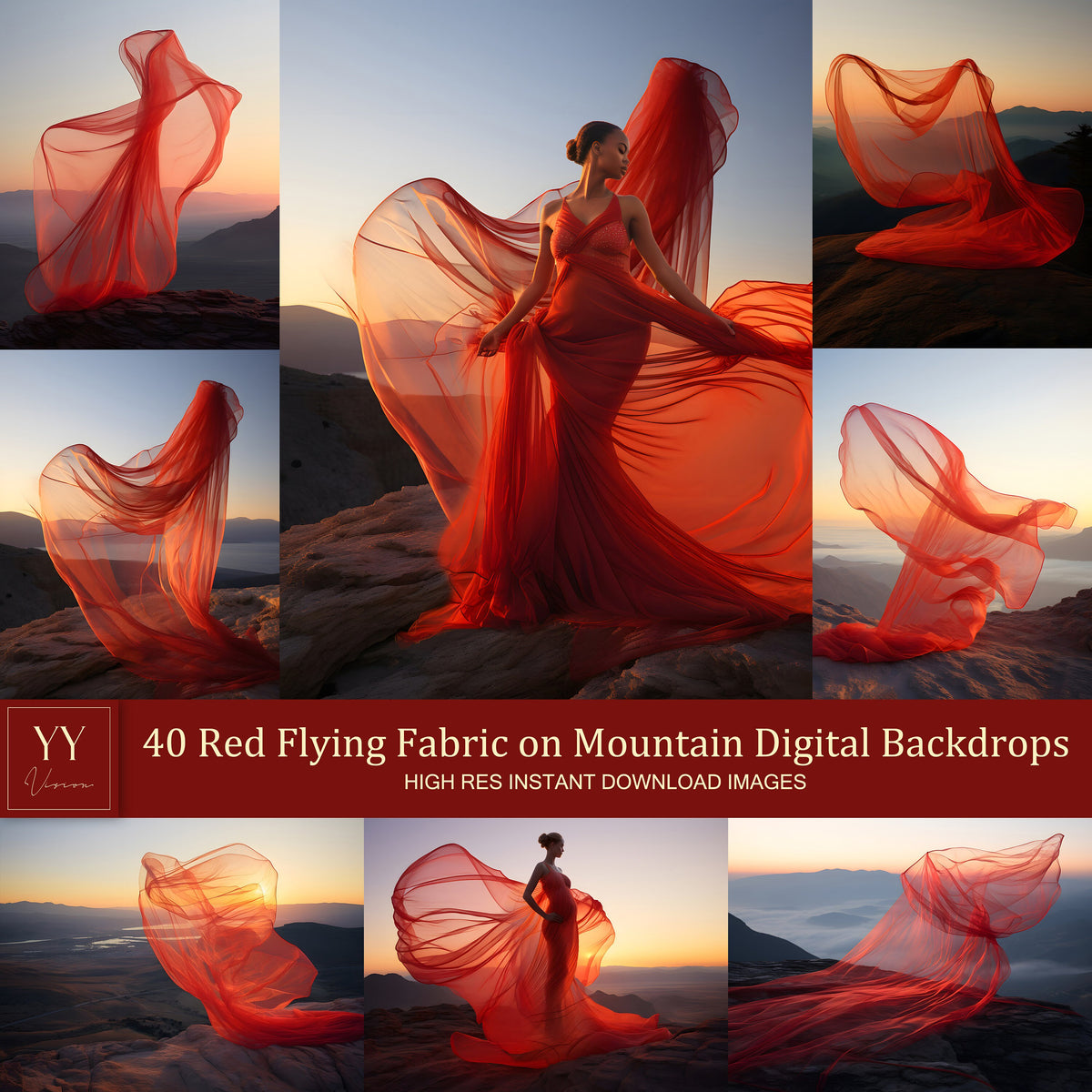 40 ensembles de toiles de fond numériques en tissu de soie volant rouge sur montagne pour la photographie de maternité, les beaux-arts, le mariage, Photoshop