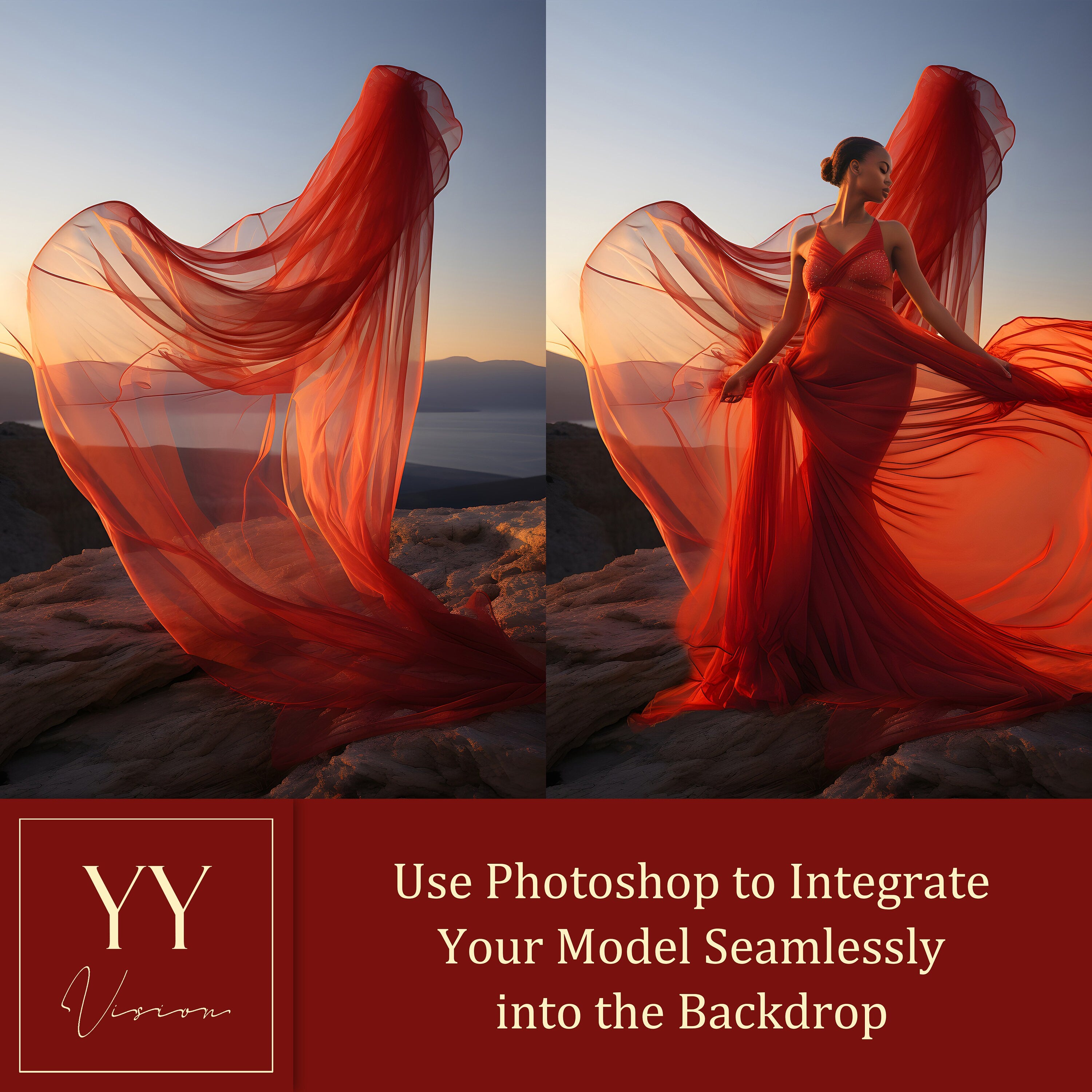 40 Red Flying Silk Fabric on Mountain Digital Backdrops Sets for Maternity Photography Fine Arts Wedding Photoshop Background