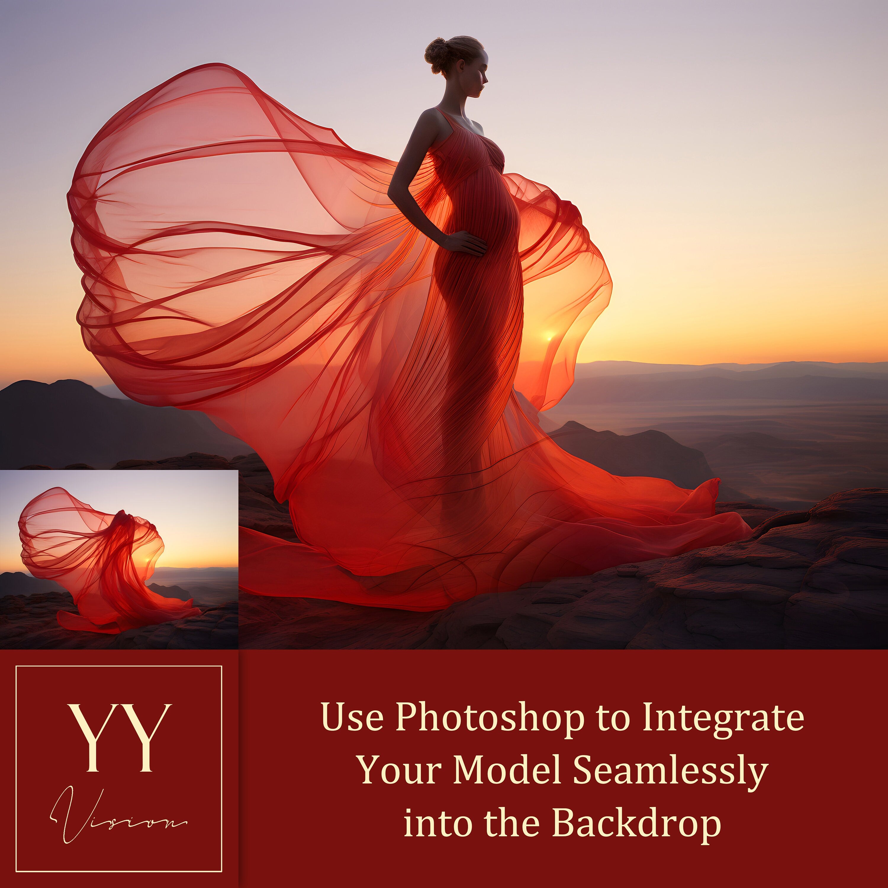 40 Red Flying Silk Fabric on Mountain Digital Backdrops Sets for Maternity Photography Fine Arts Wedding Photoshop Background