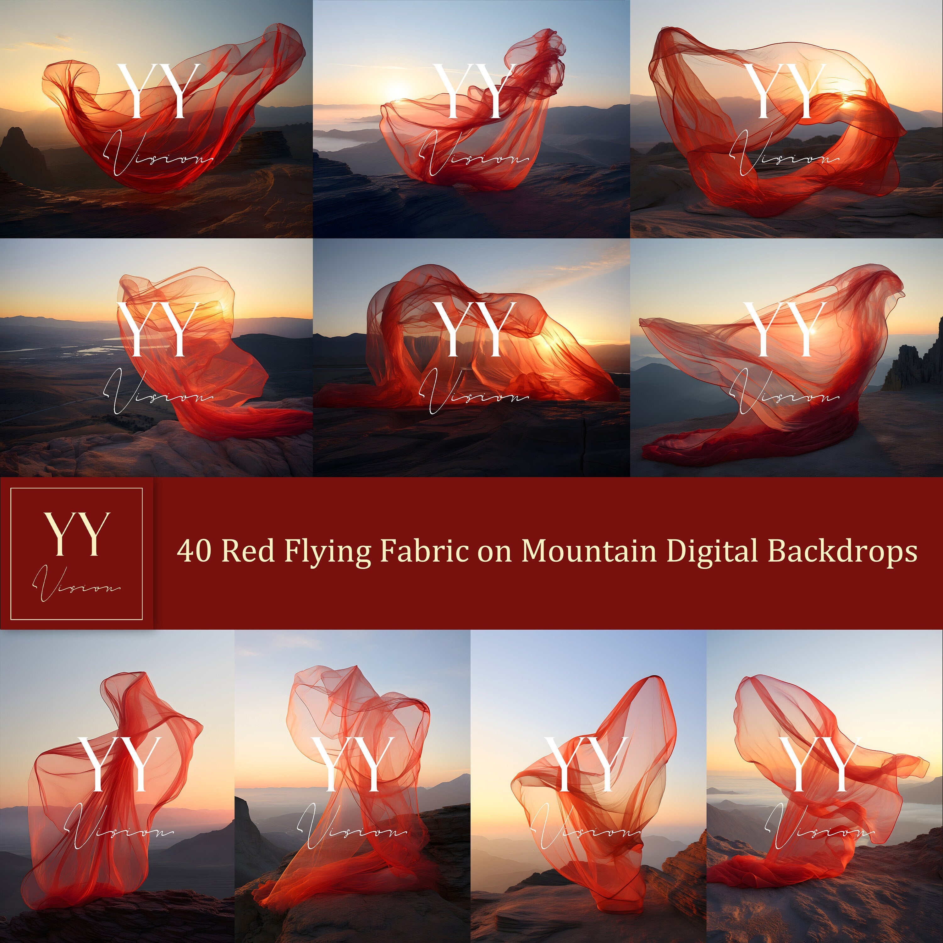 40 ensembles de toiles de fond numériques en tissu de soie volant rouge sur montagne pour la photographie de maternité, les beaux-arts, le mariage, Photoshop