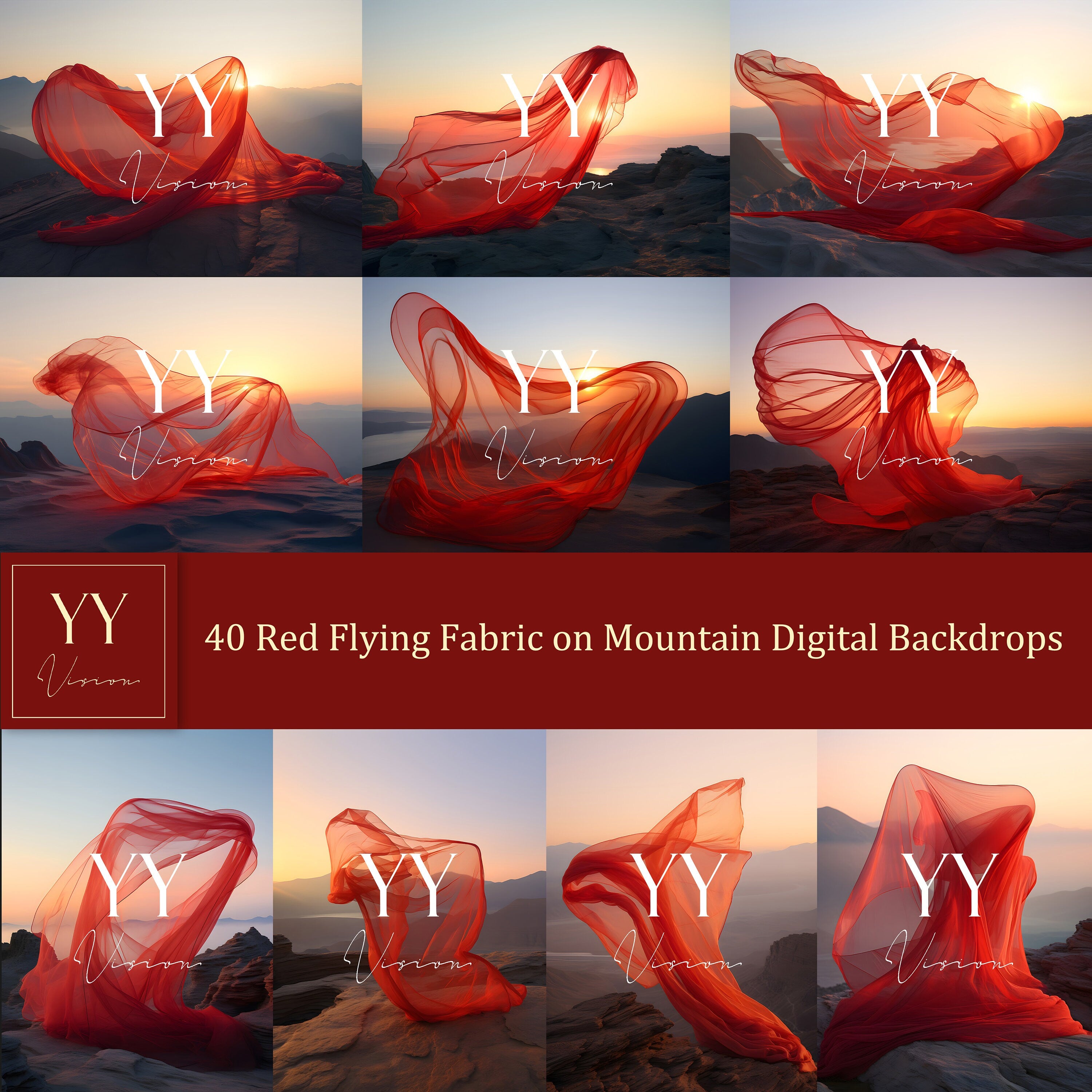 40 Red Flying Silk Fabric on Mountain Digital Backdrops Sets for Maternity Photography Fine Arts Wedding Photoshop Background